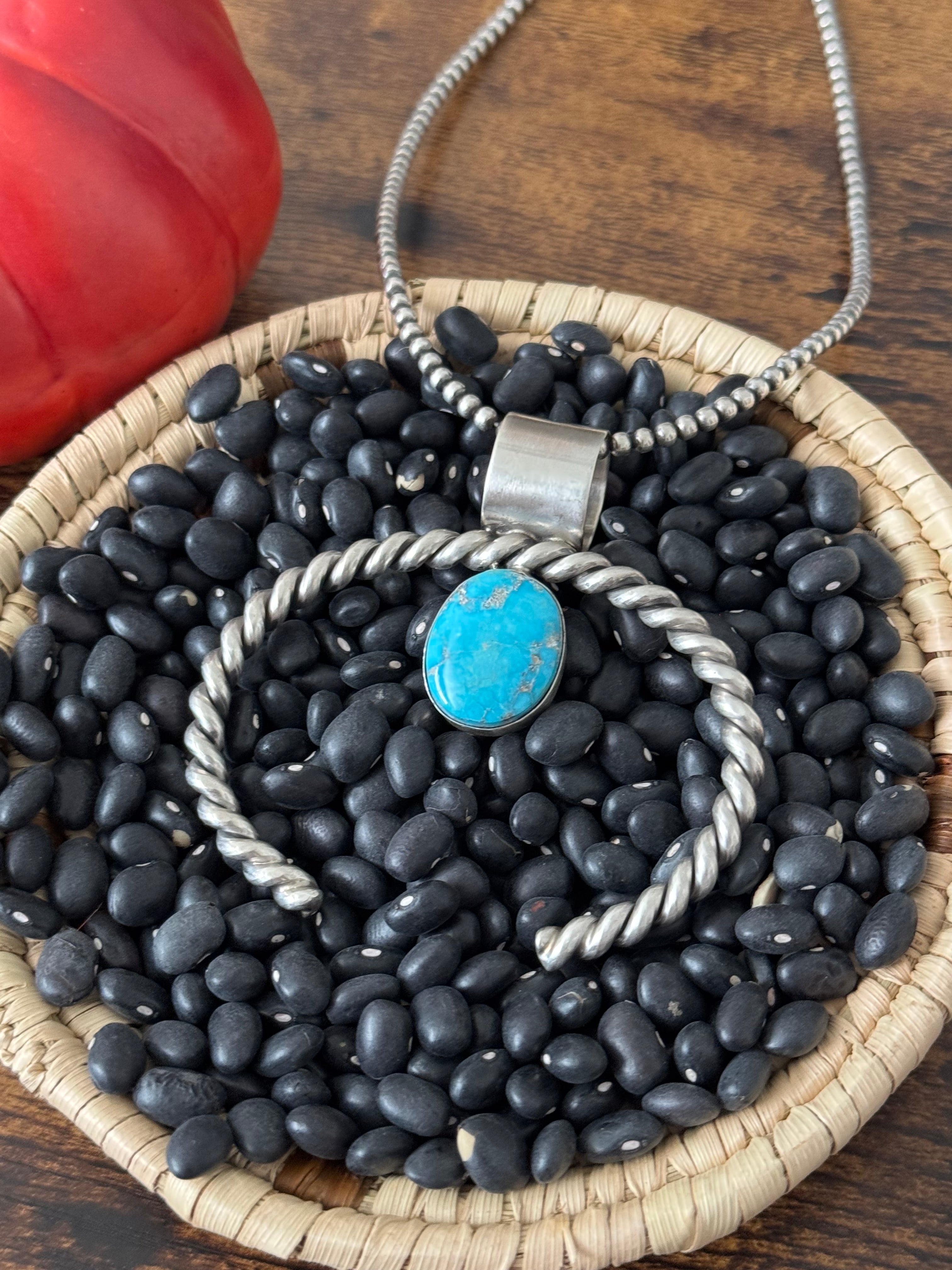 Navajo Made Kingman Turquoise & Sterling Silver Naja Pendant