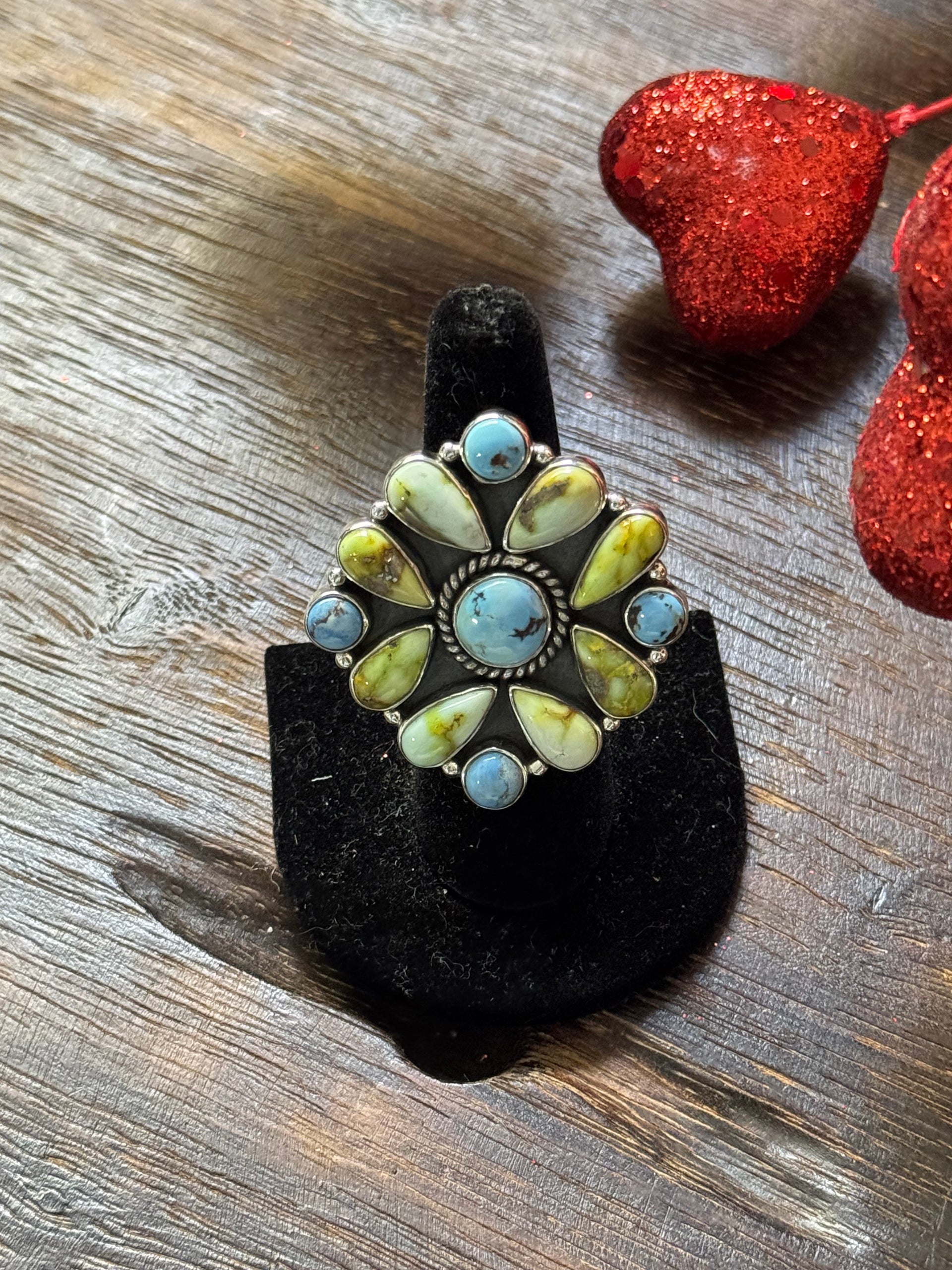 Southwest Handmade Multi Stone & Sterling Silver Adjustable Cluster Ring