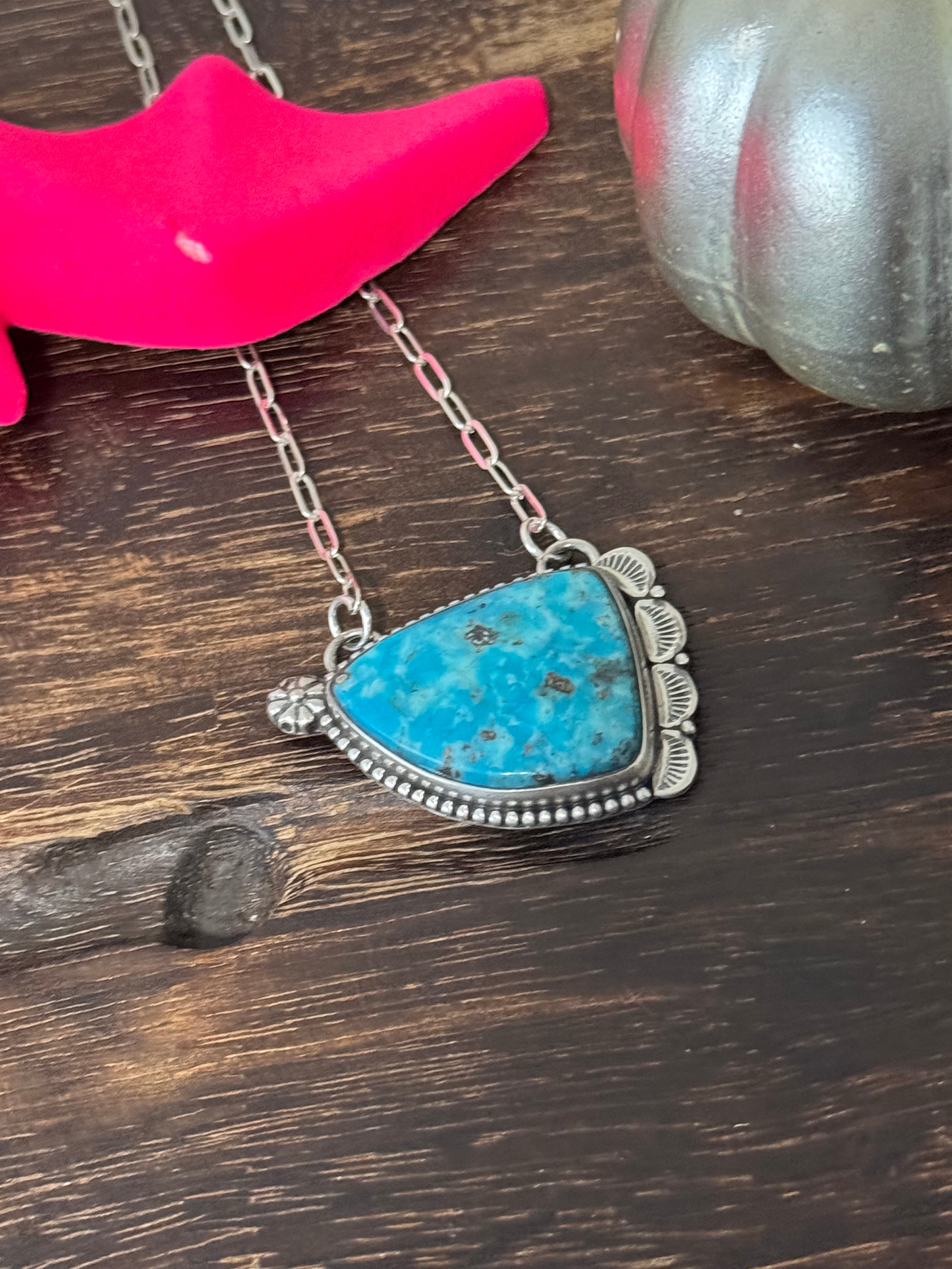 Navajo Made Kingman Turquoise & Sterling Silver Necklace