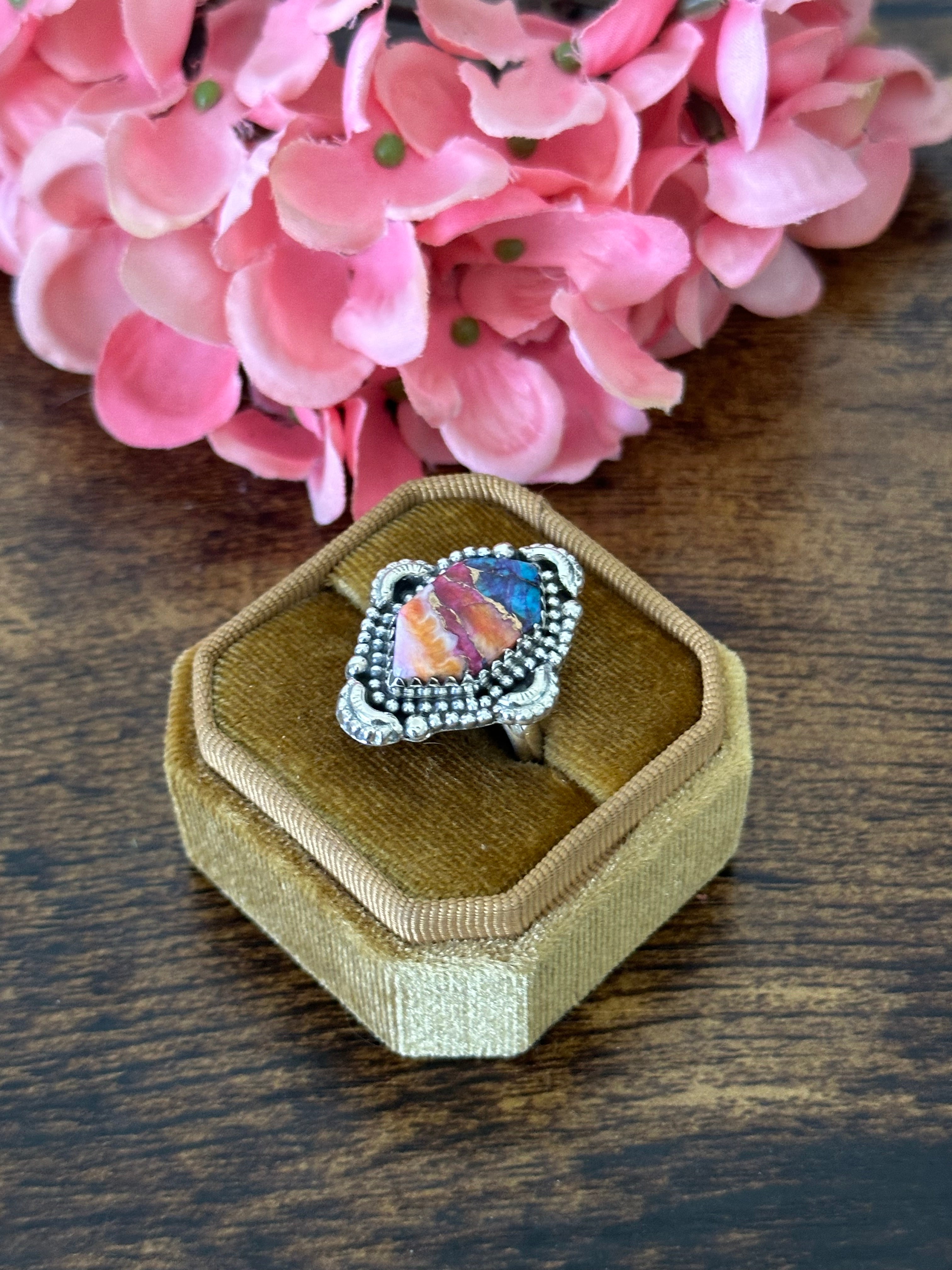 Southwest Handmade Pink Mohave Turquoise & Sterling Silver Ring Size 8.5