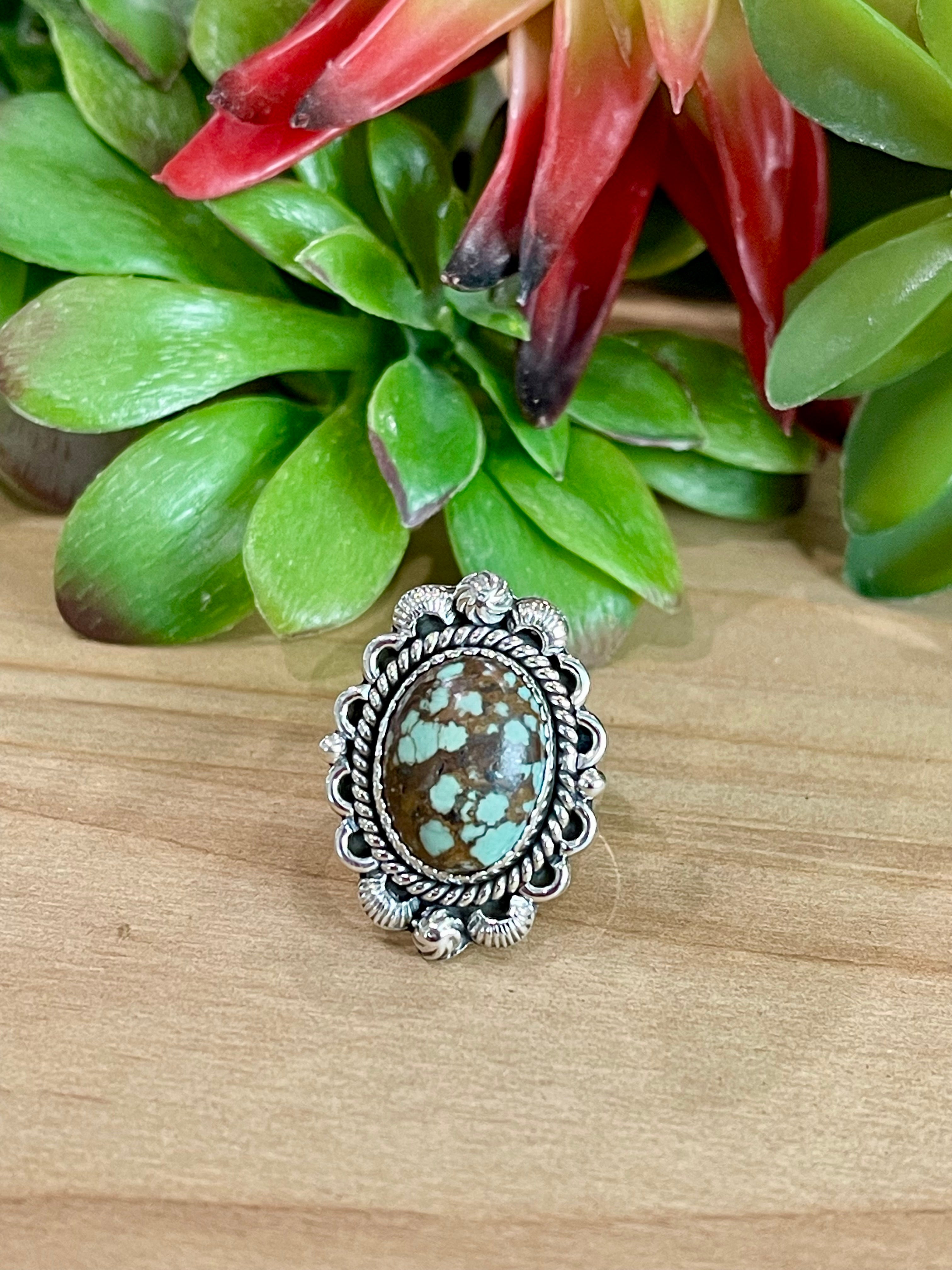 Southwest Number 8 Turquoise & Sterling Silver Adjustable Oval Ring