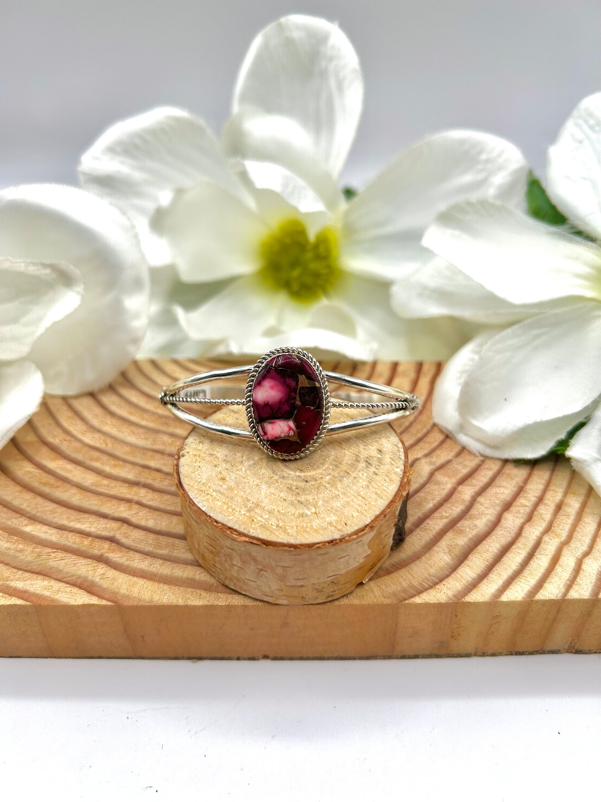 Larry Eticitty Rose Dahila & Sterling Silver Cuff Bracelet