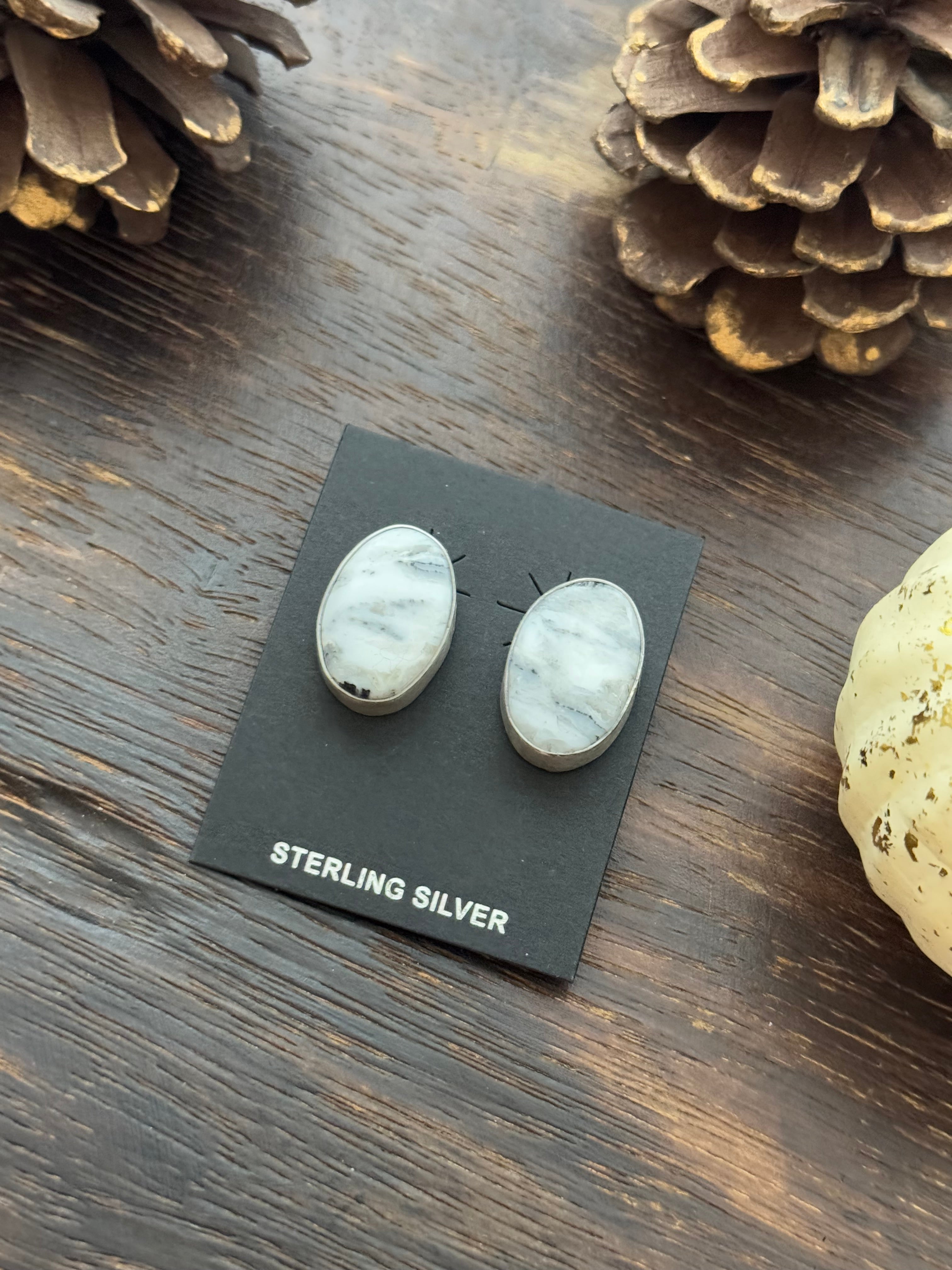 Navajo Made White Buffalo & Sterling Silver Post Earrings