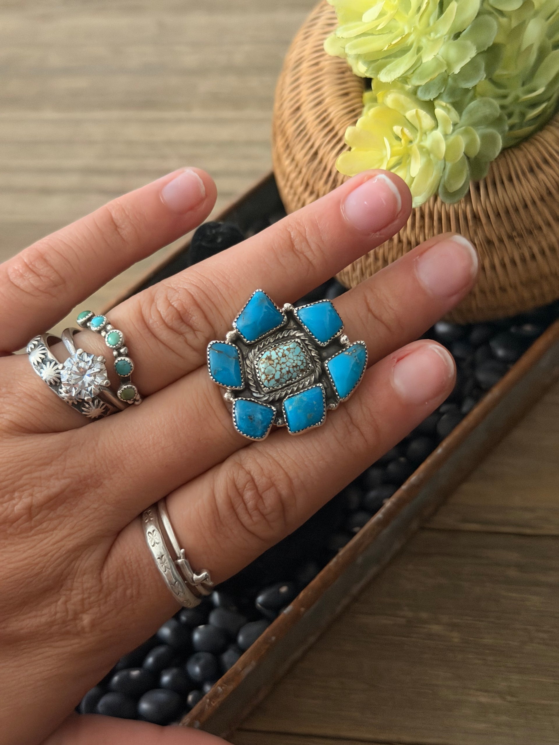 Navajo Made Mixed Turquoise & Sterling Silver Cluster Ring Size 5.75