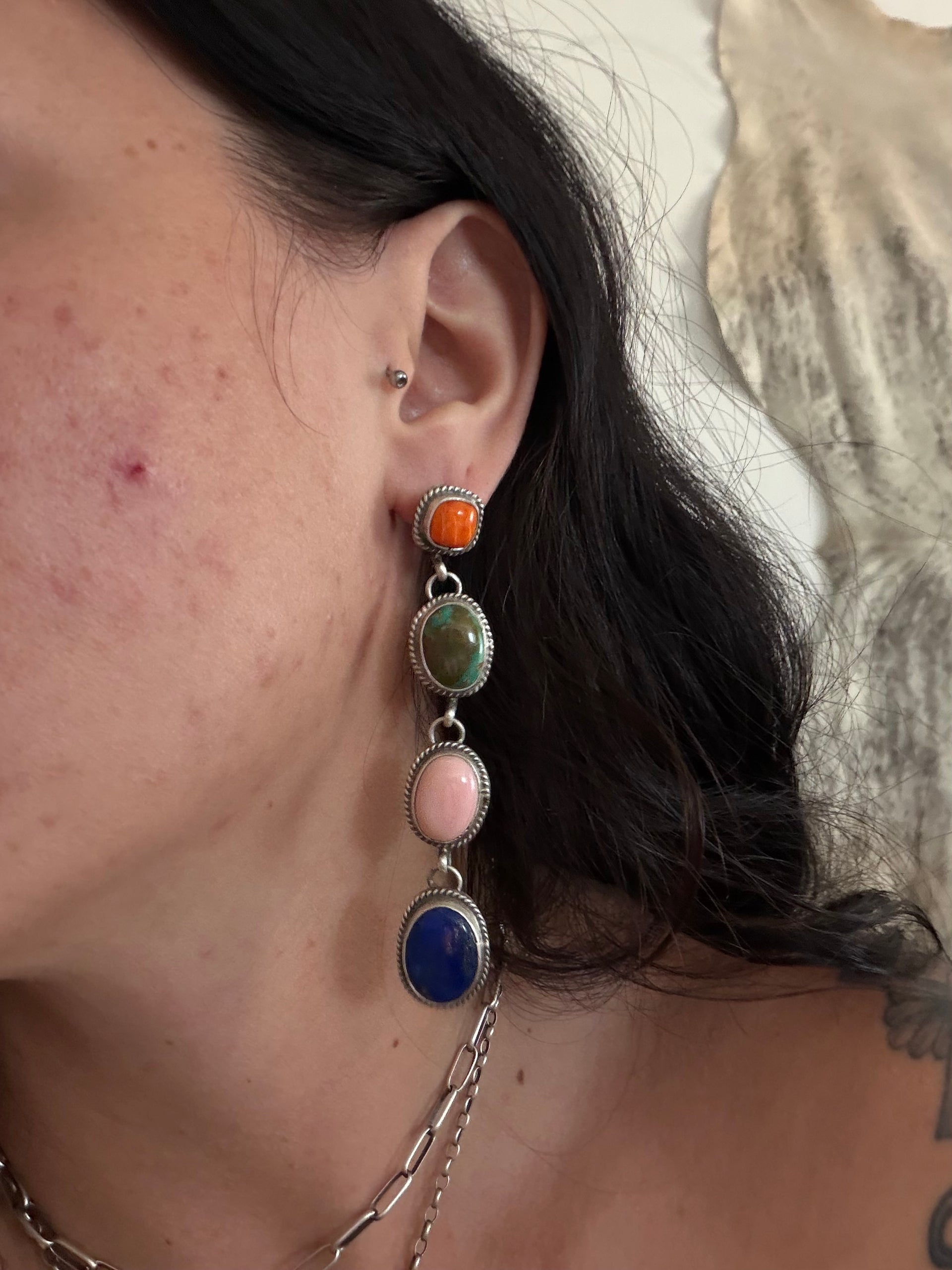 Marcella James Multi Stone & Sterling Silver Post Dangle Earrings