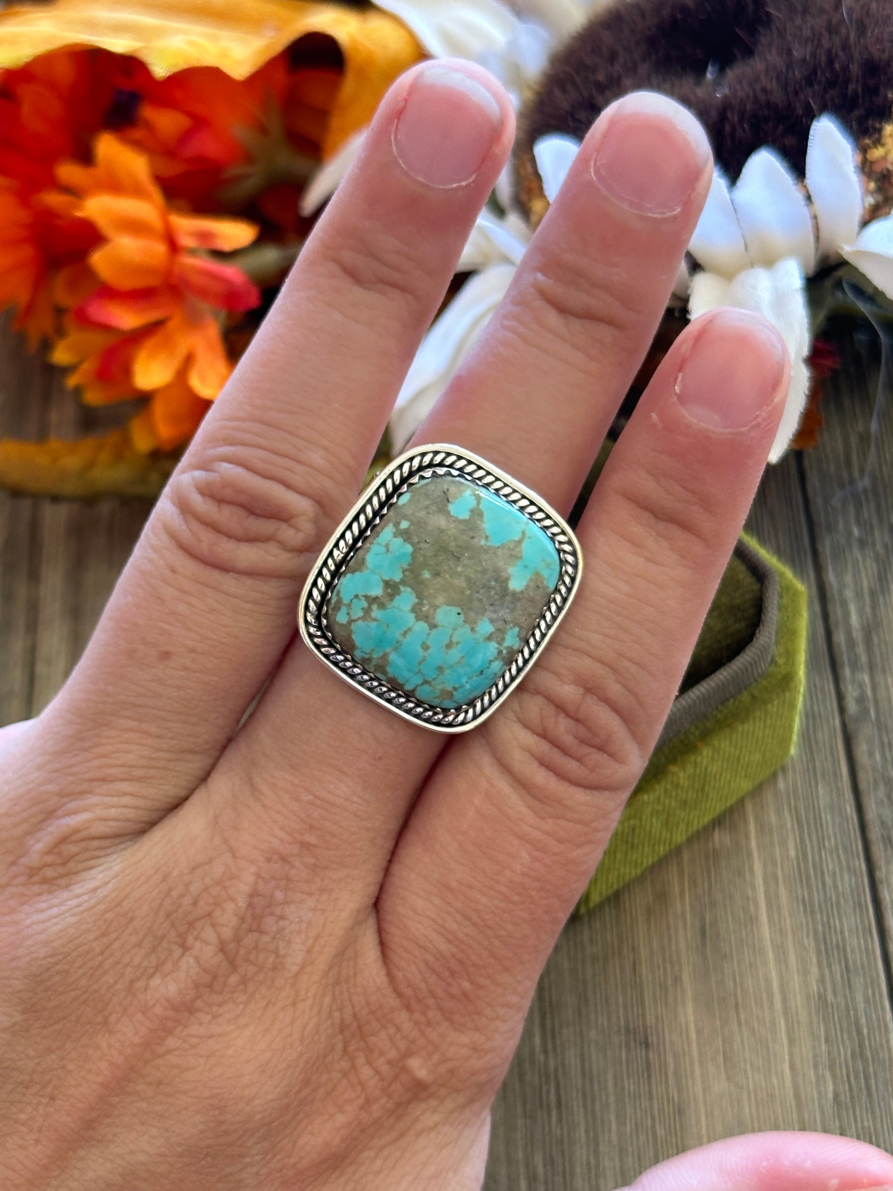 Southwest Handmade #8 Turquoise & Sterling Silver Adjustable Ring