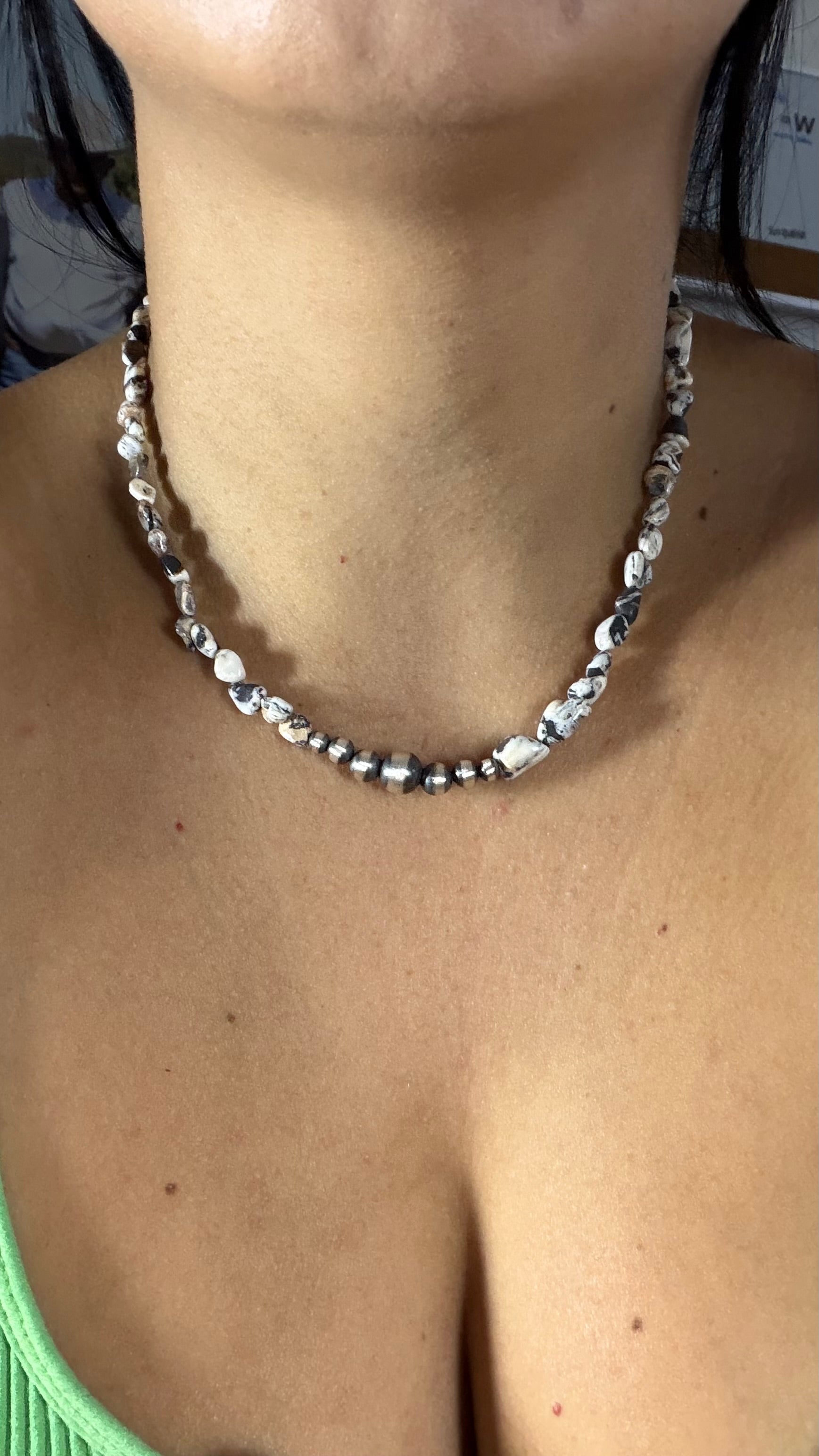 Navajo Strung White Buffalo & Sterling Silver Machine Made Pearl 16” Beaded Necklace