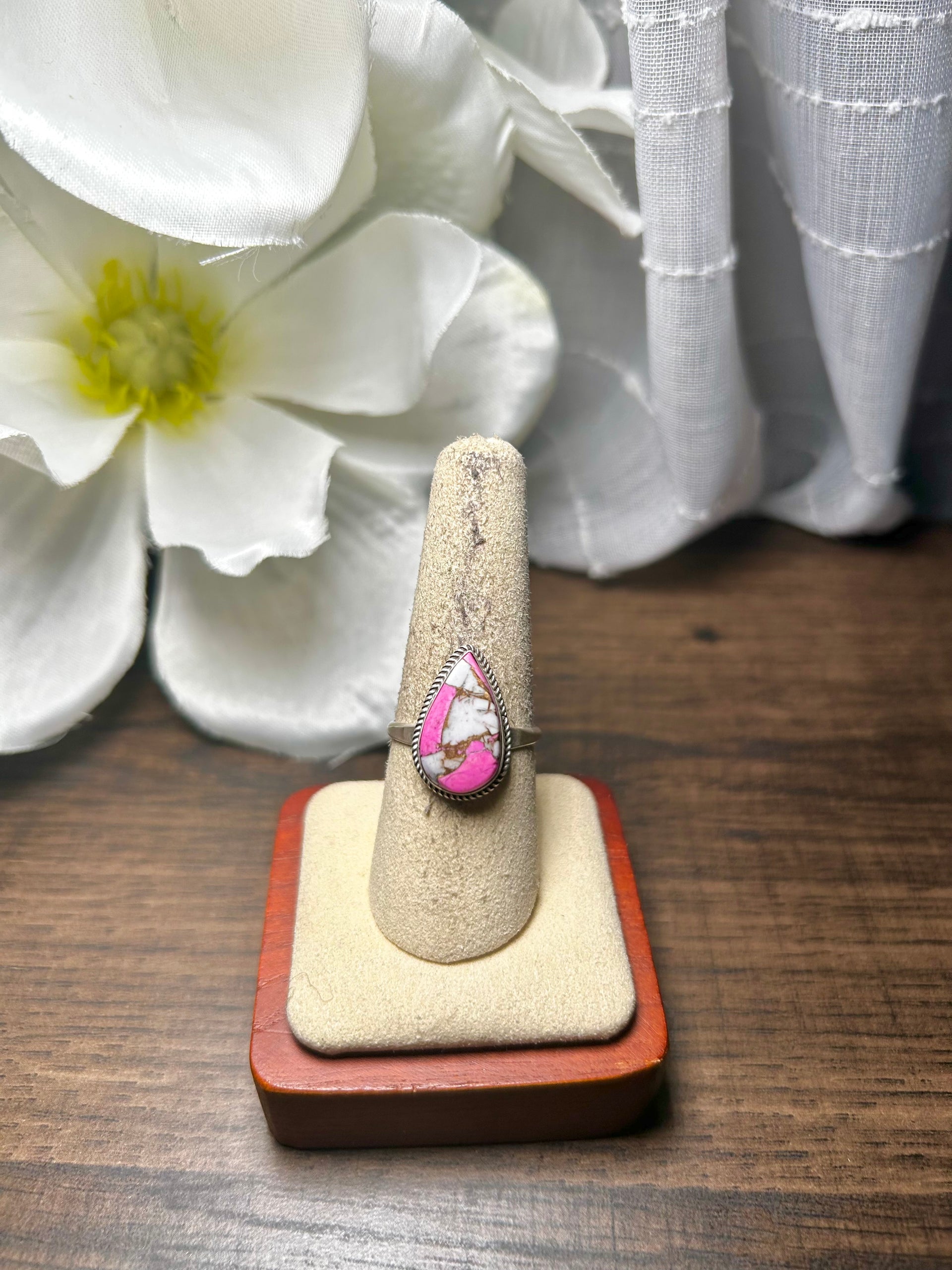 Navajo Made Cotton Candy Dahlia & Sterling Silver Ring Size 8.5