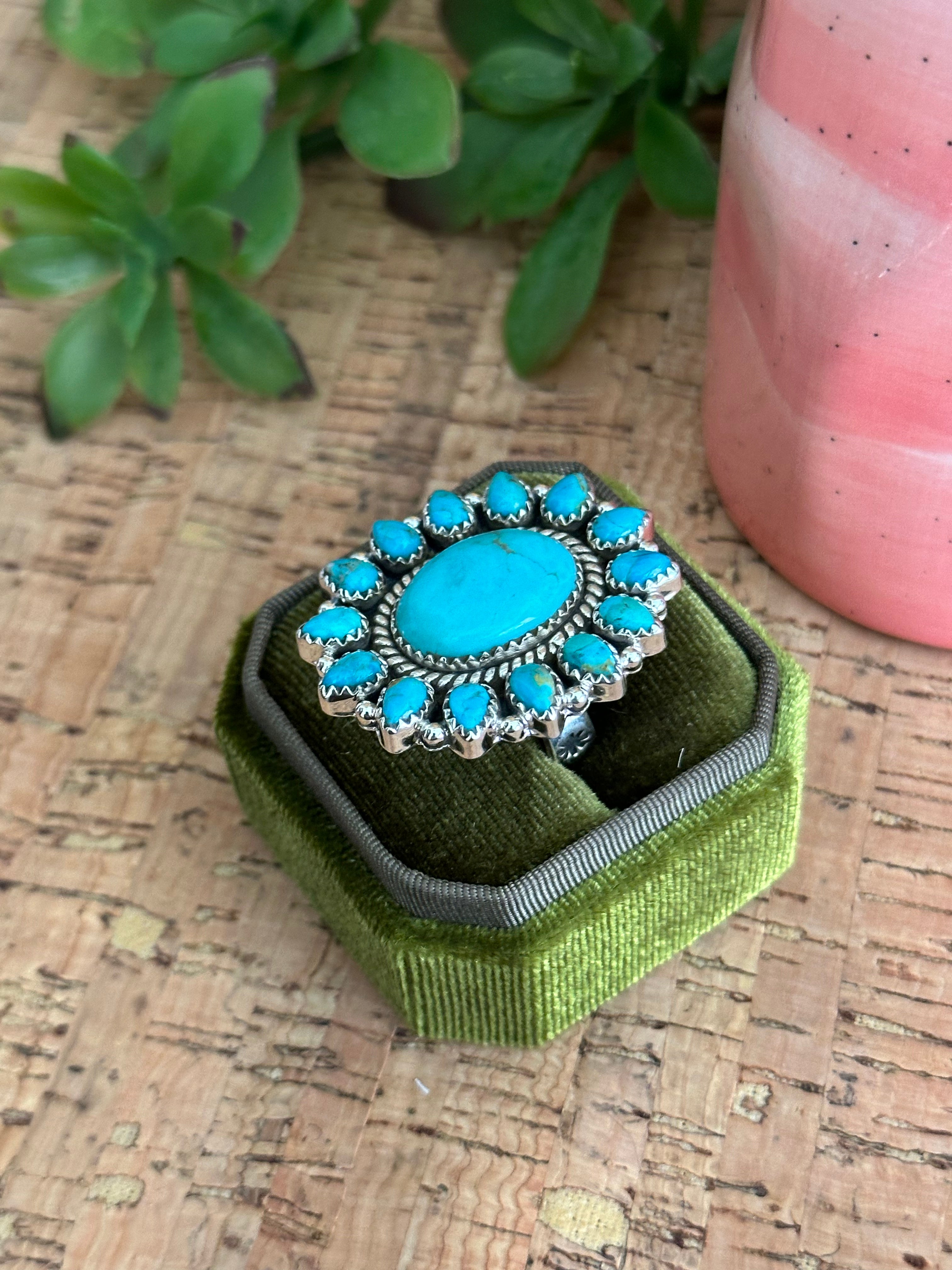 Southwest Handmade Kingman Turquoise & Sterling Silver Adjustable Cluster Ring