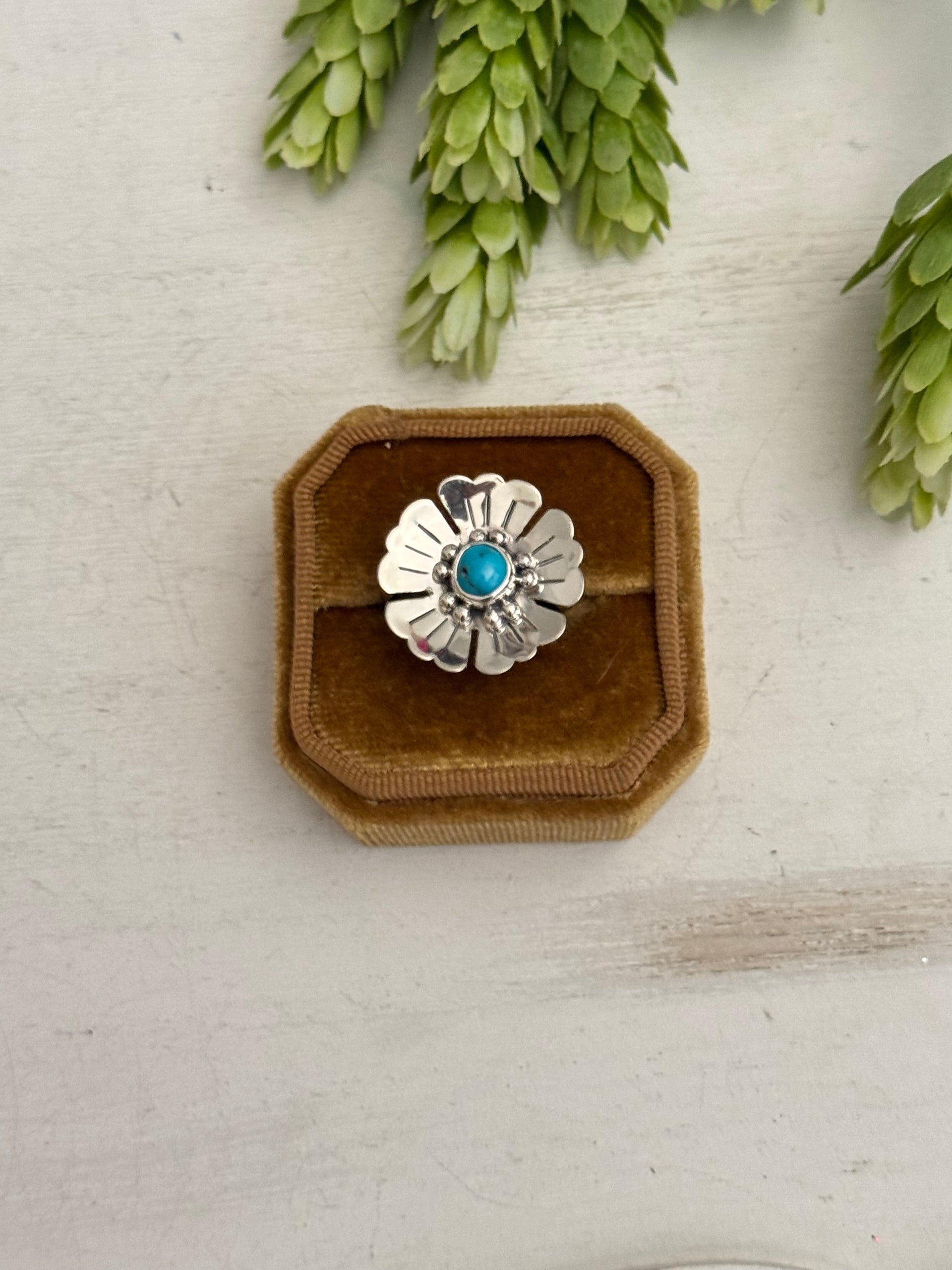 Navajo Made Kingman Turquoise & Sterling Silver Adjustable Flower Ring