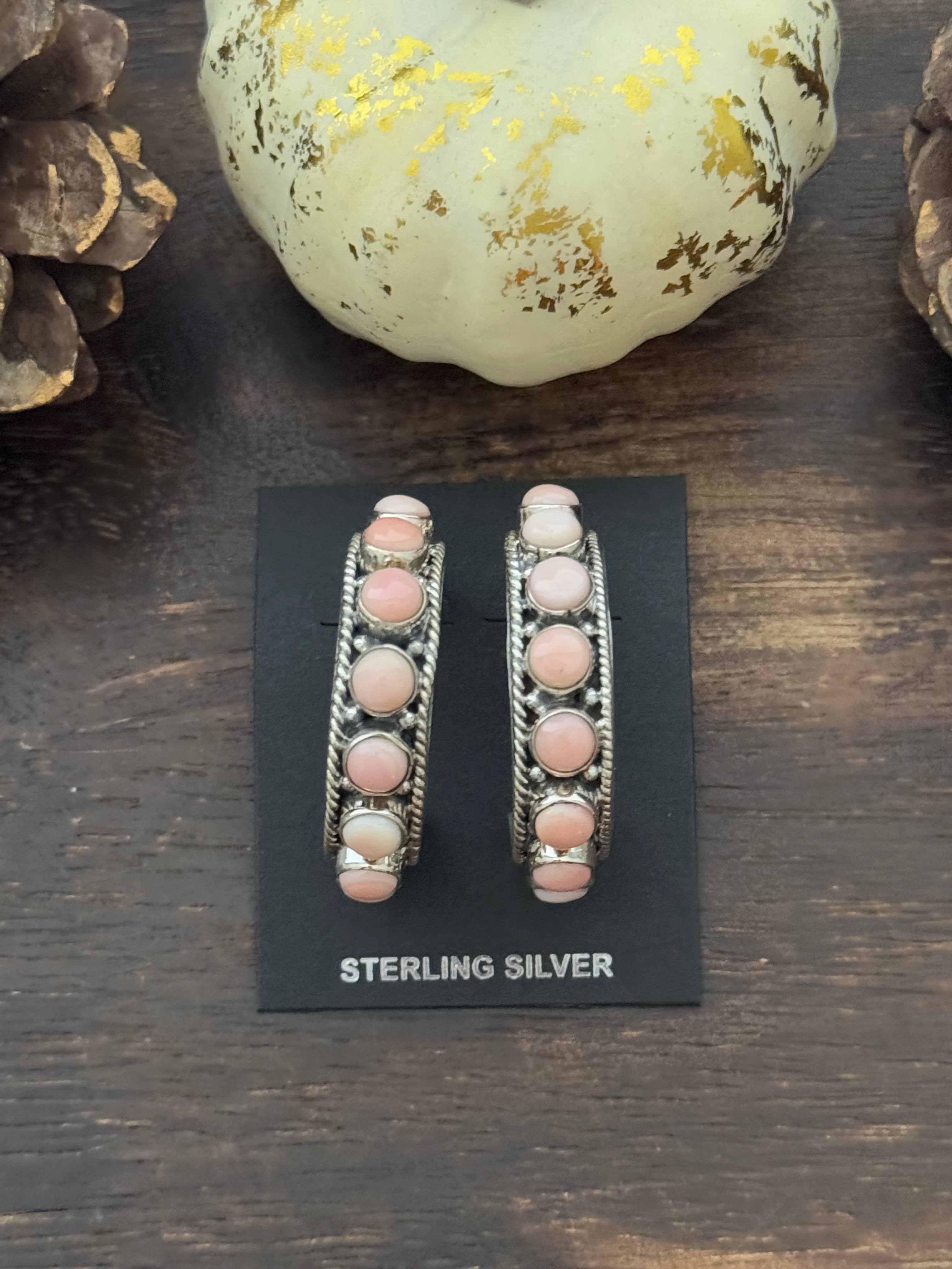 Navajo Made Pink Conch & Sterling Silver Hoop Earrings