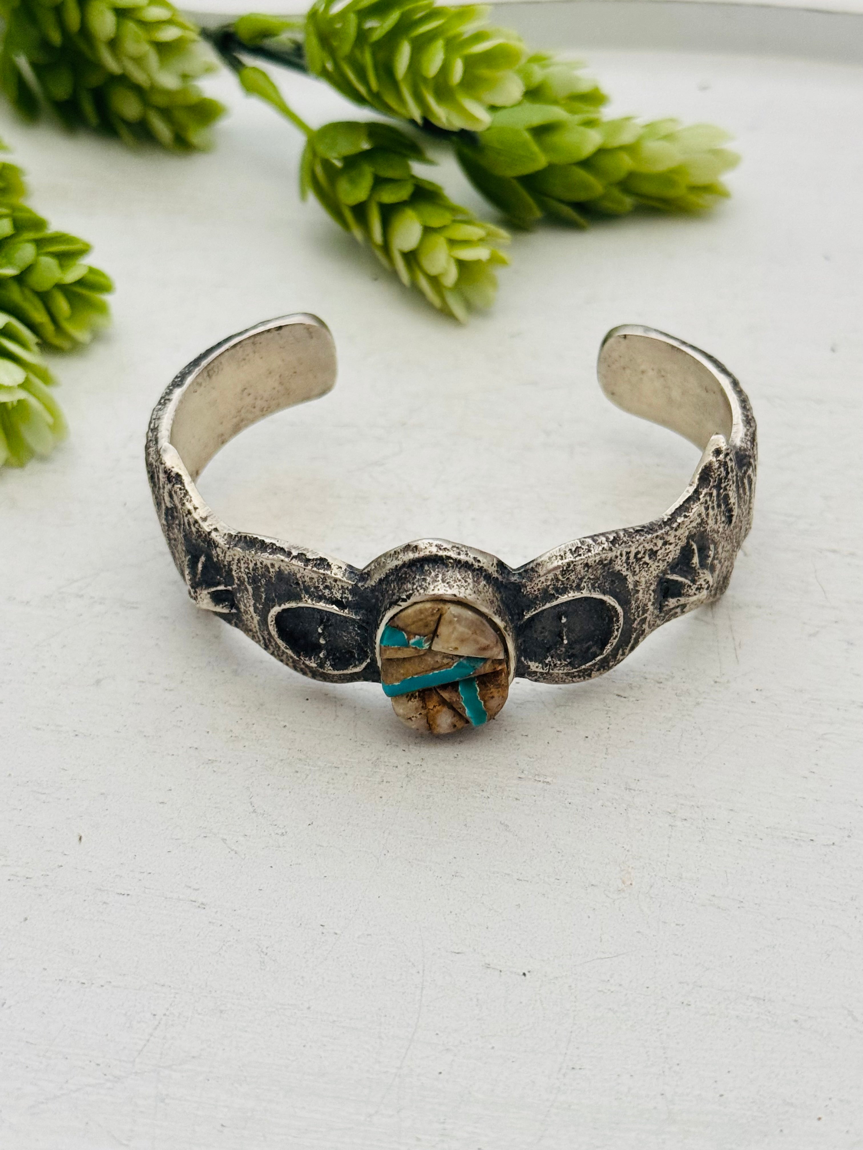 Navajo Made Ribbon Royston & Sterling Silver Tufa Cast Cuff Bracelet