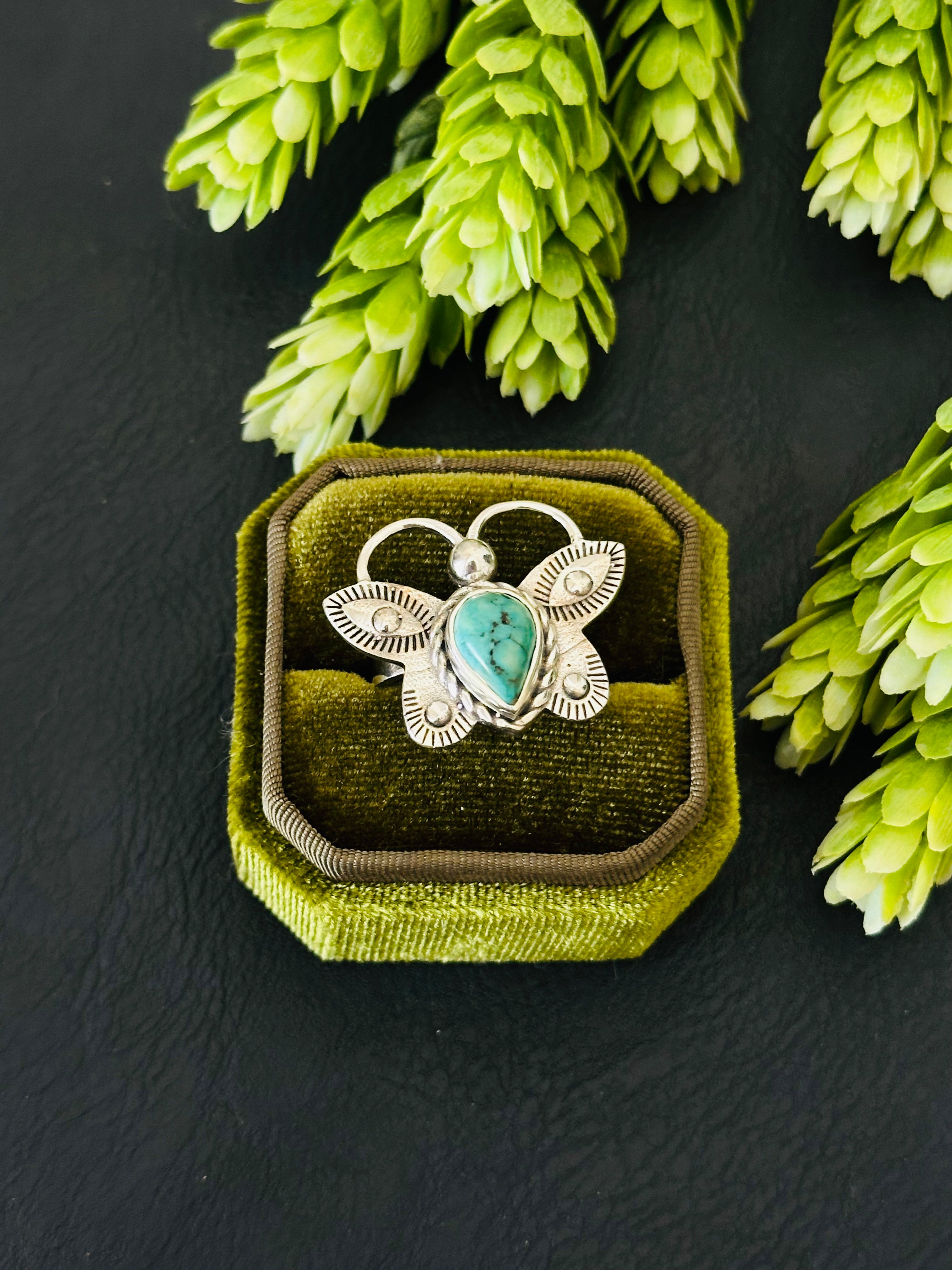 Southwest Handmade Kingman Turquoise & Sterling Silver Adjustable Butterfly Ring