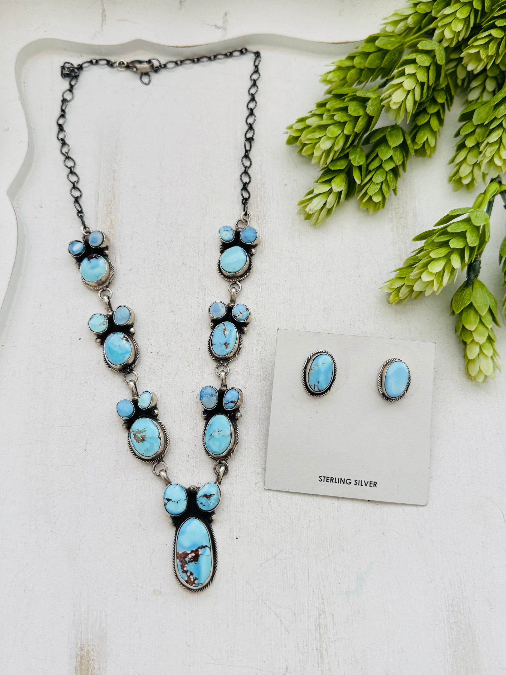 Navajo Made High Grade Golden Hills Turquoise & Sterling Silver Cluster Necklace Set