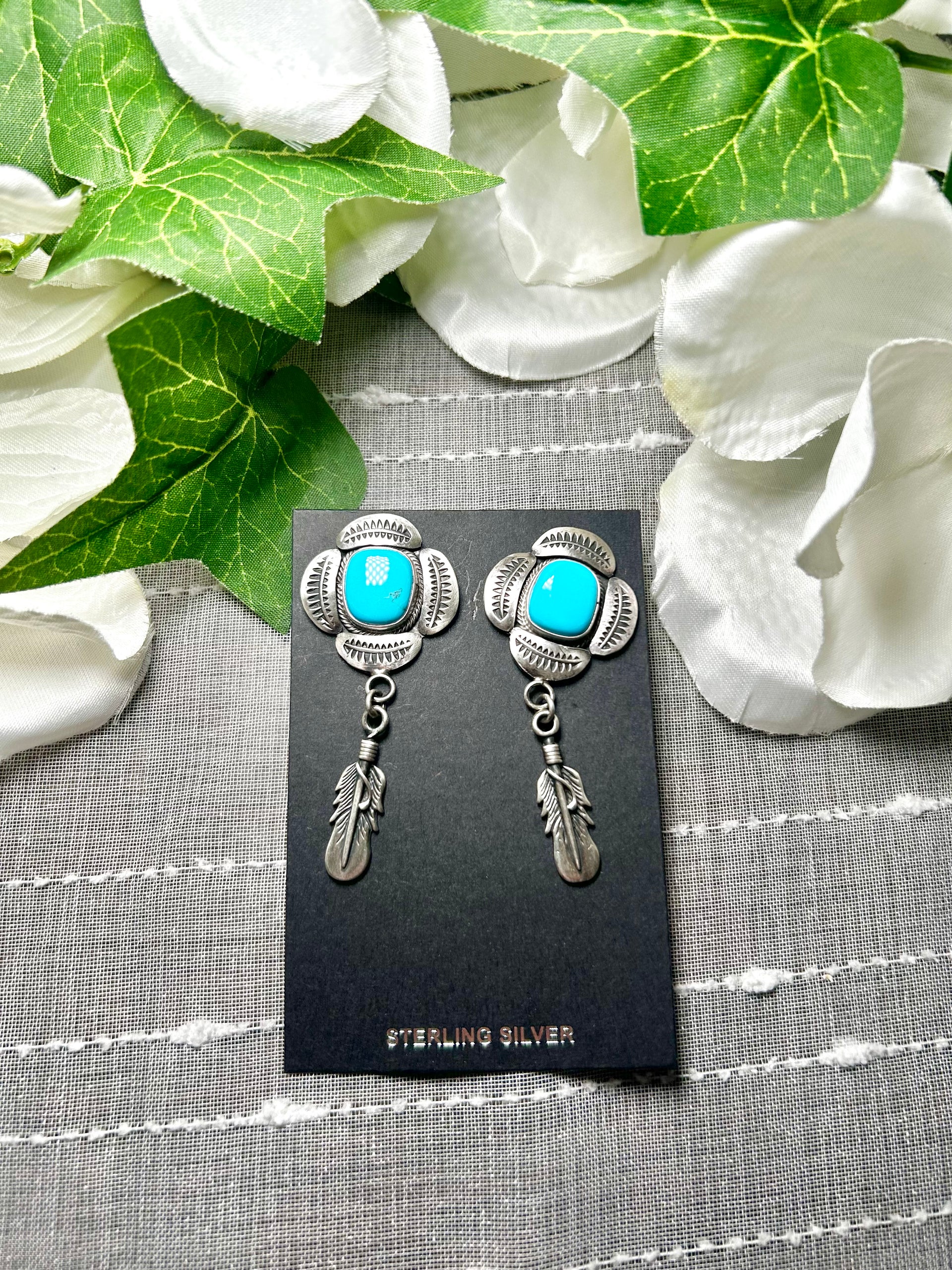 Navajo Made Egyptian Turquoise & Sterling Silver Post Dangle Earrings