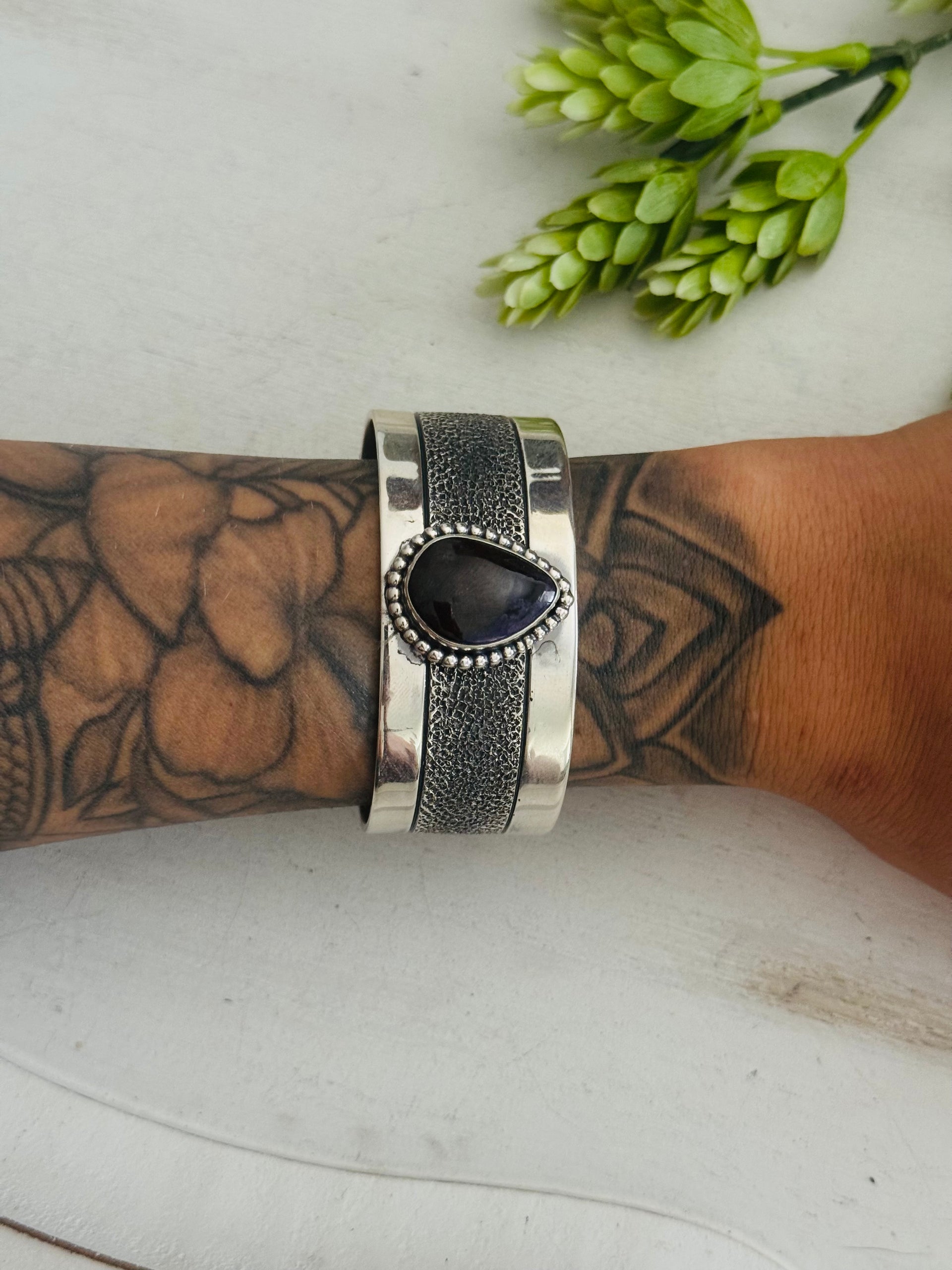 David Benally Sugilite & Sterling Silver Cluster Tufa Cast Cuff Bracelet