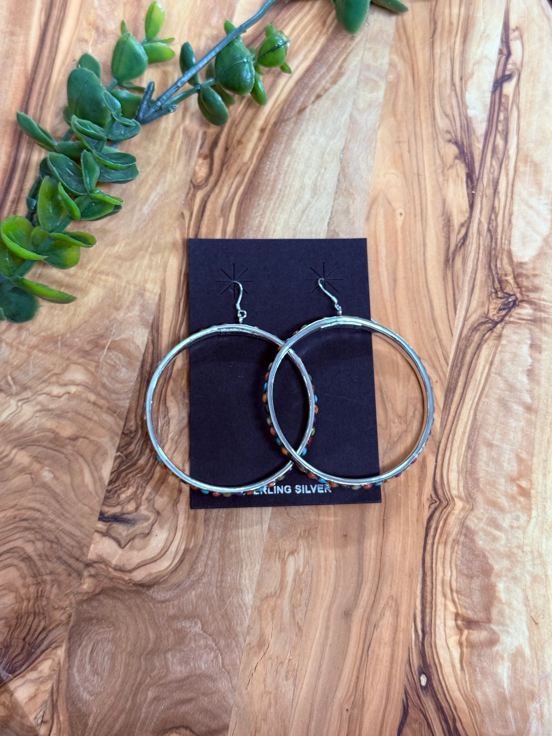 Southwest Handmade Multi Stone & Sterling Silver Dangle Hoop Earrings