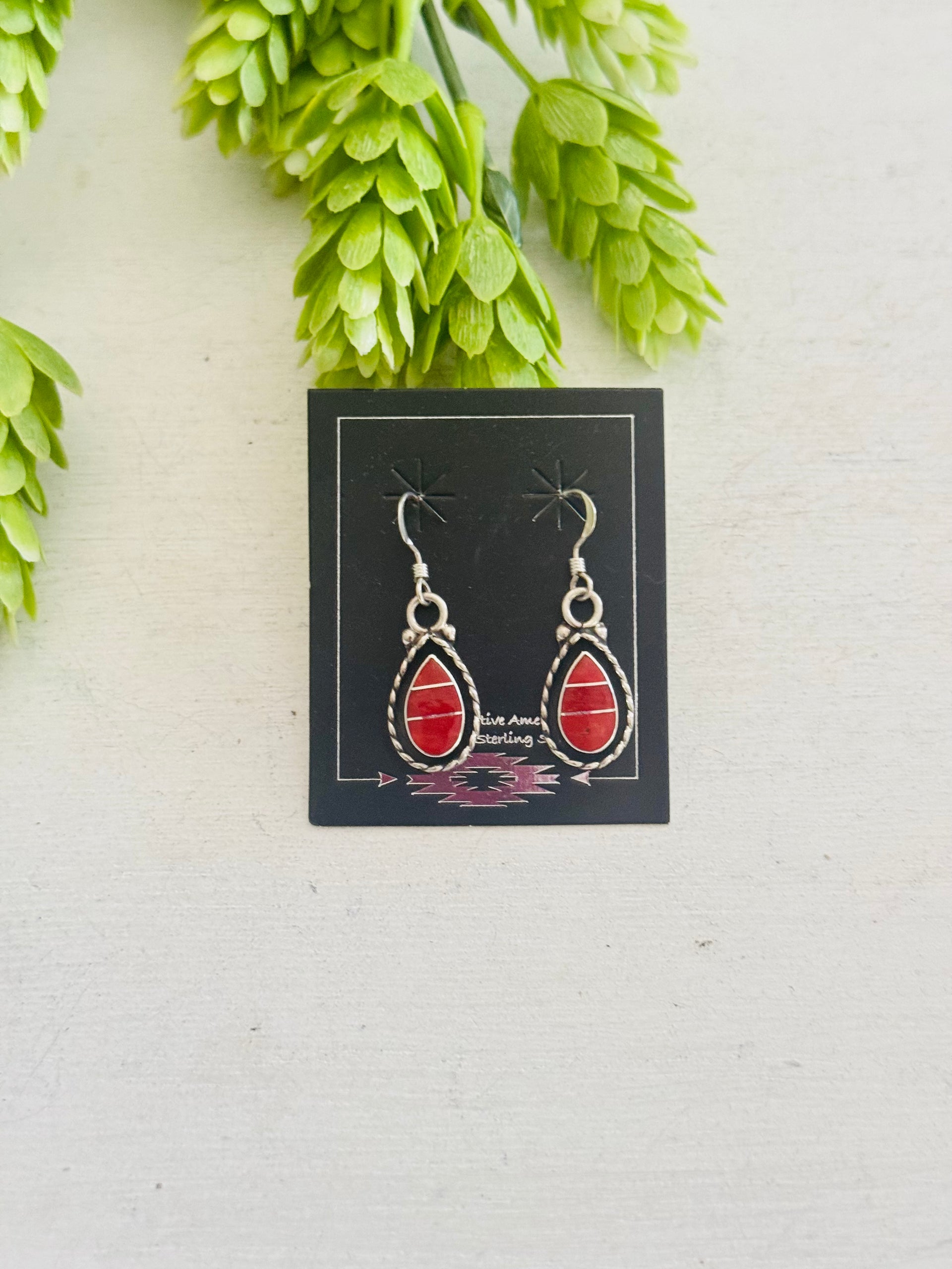 Zuni Made Coral & Sterling Silver Dangle Inlay Shadowbox Earrings