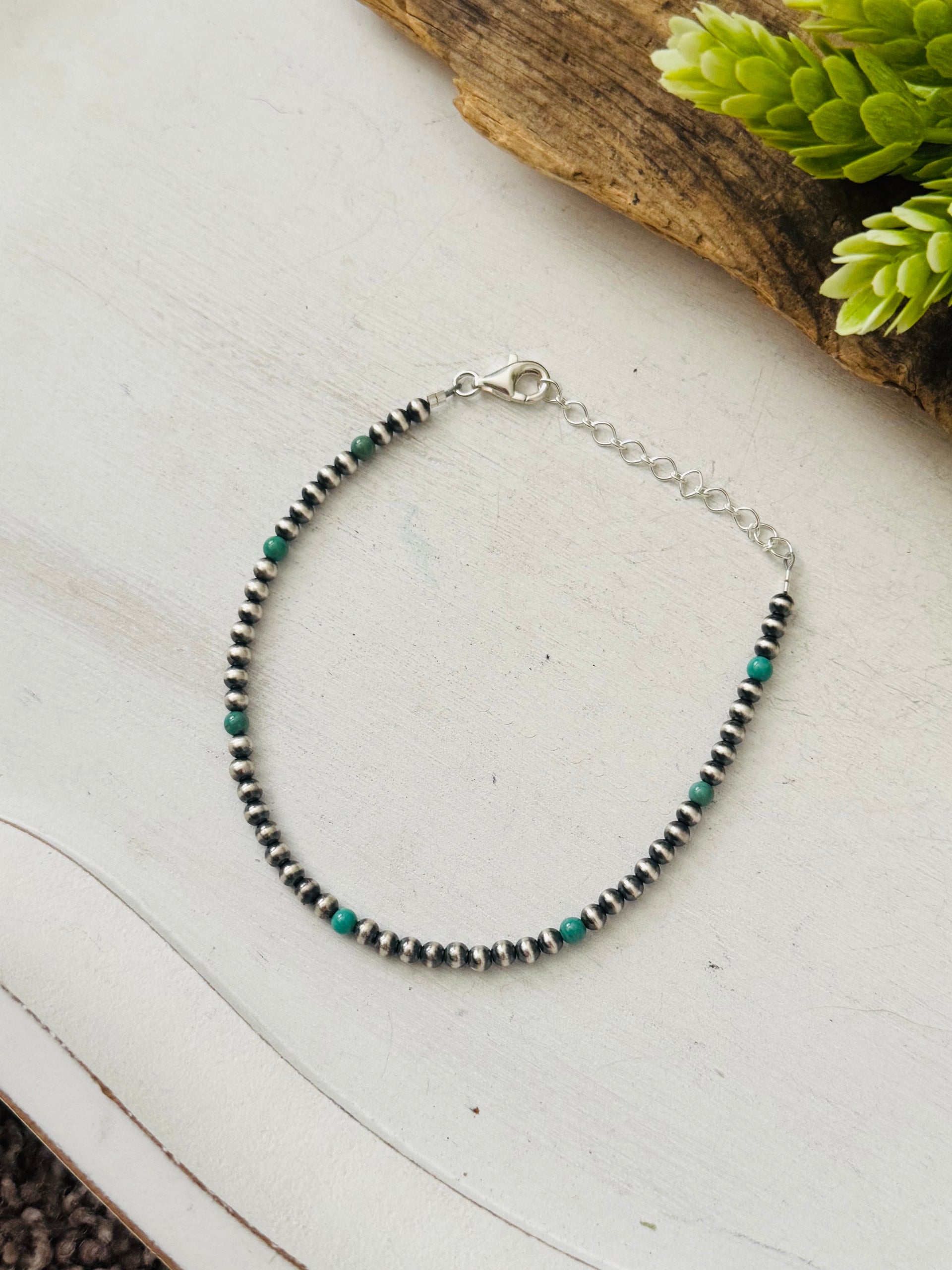 Navajo Made Kingman Turquoise & Sterling Silver Strung Anklet