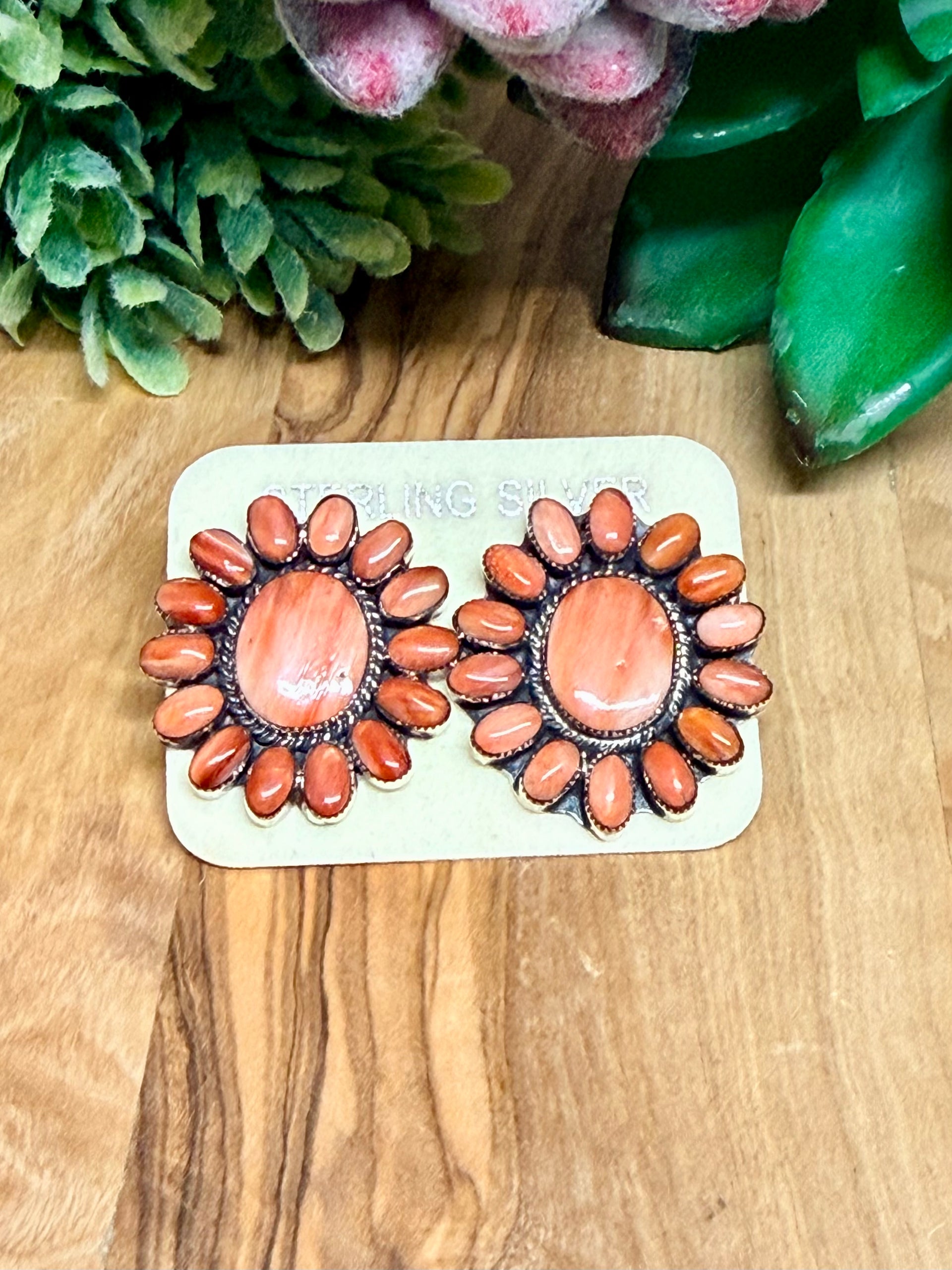 Southwest Handmade Red Spiny Oyster & Sterling Silver Earrings