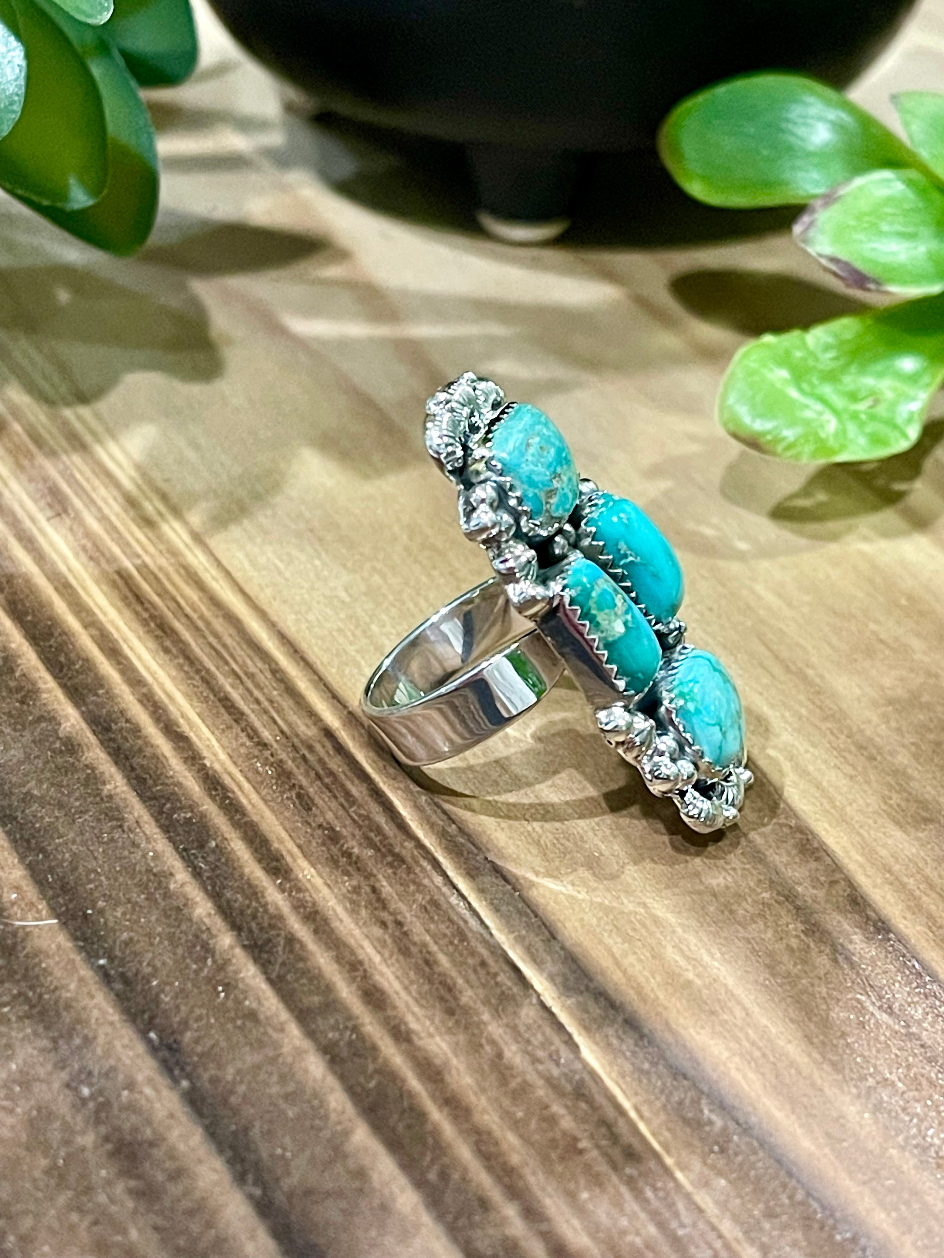 Southwest Handmade Emerald Valley Turquoise & Sterling Silver Adjustable Cluster Ring