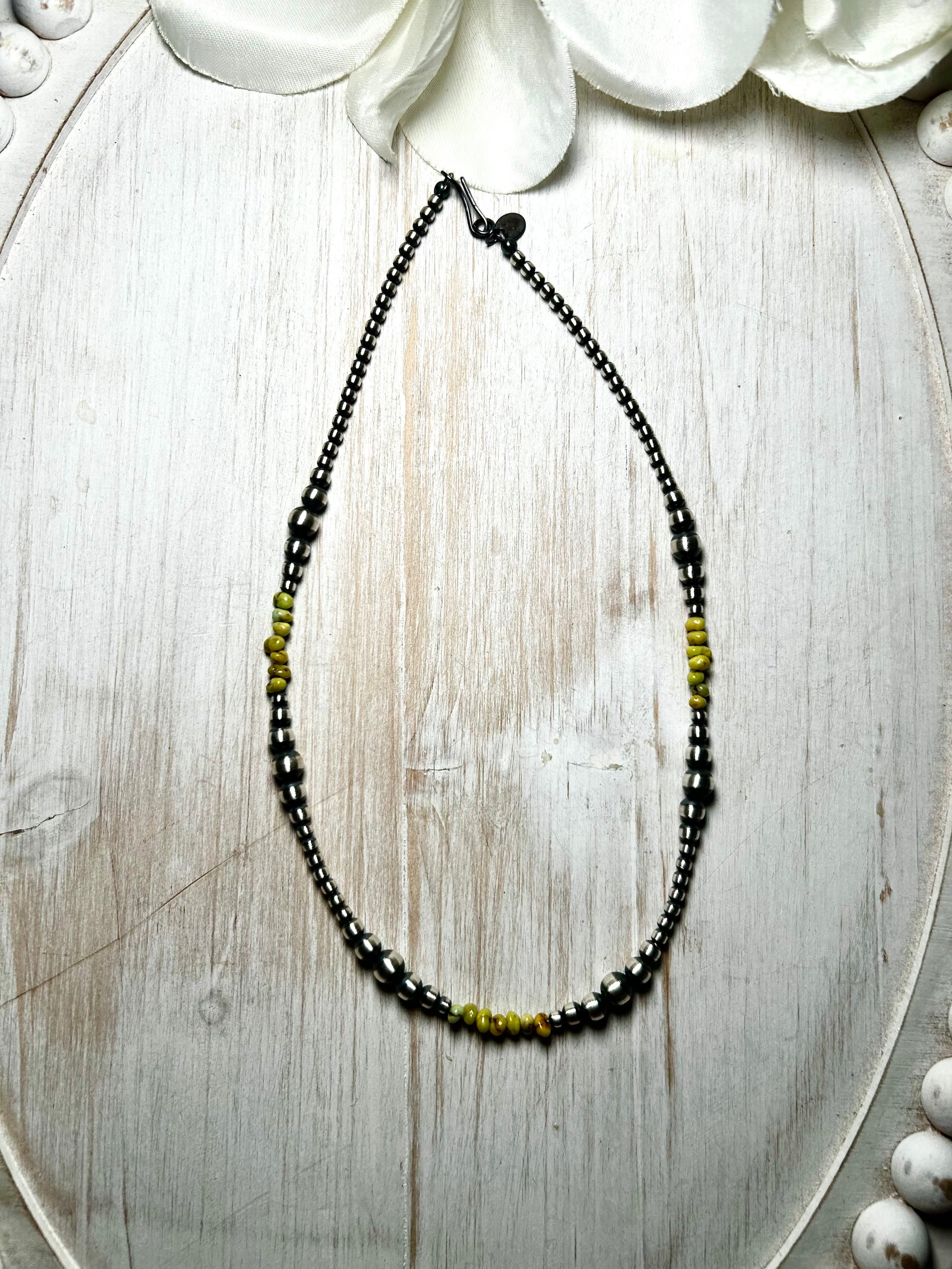 Navajo Strung Palomino Variscite & Sterling Silver Necklace