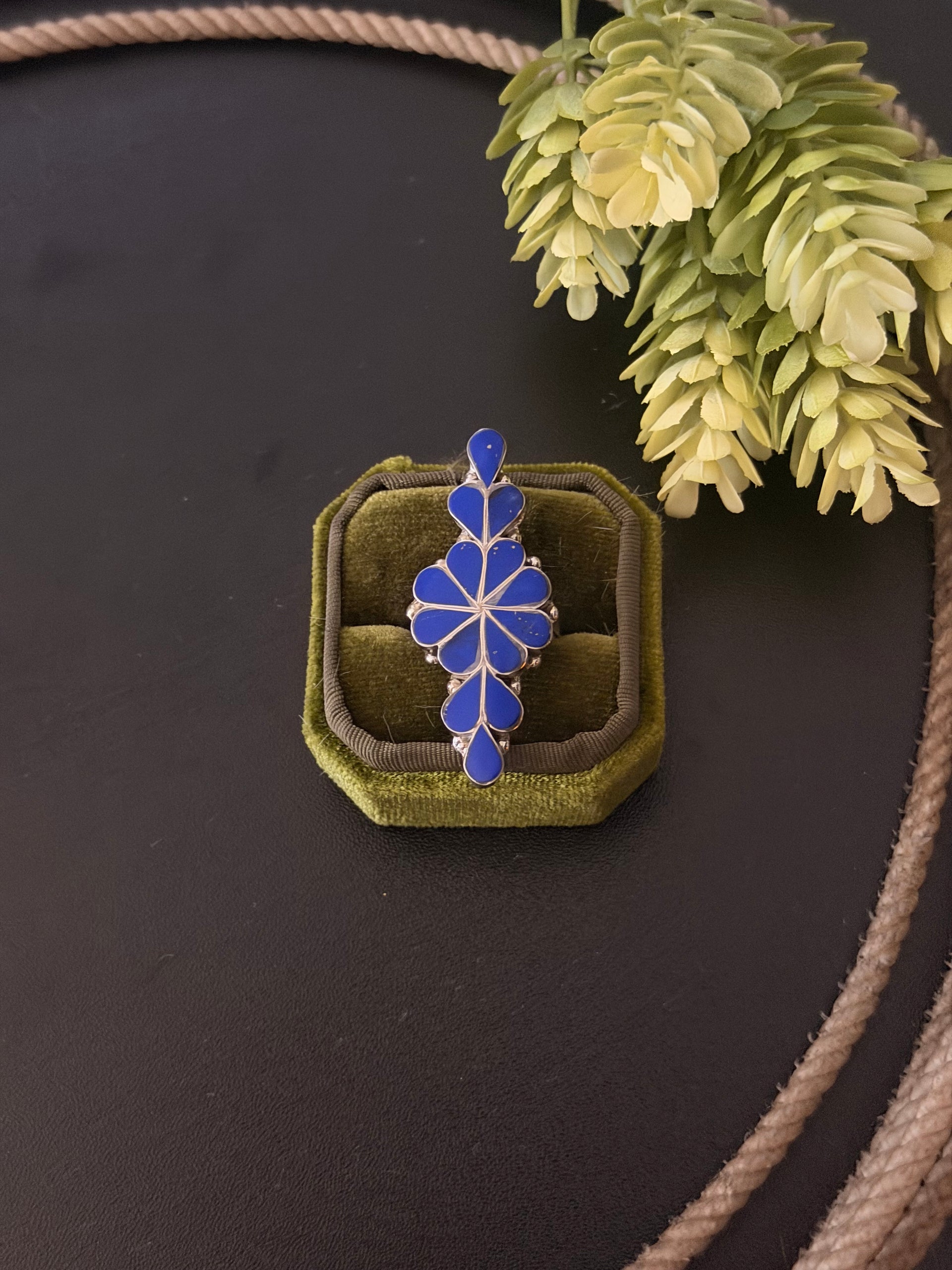 Zuni Made Lapis & Sterling Silver Inlay Ring Size 9.5