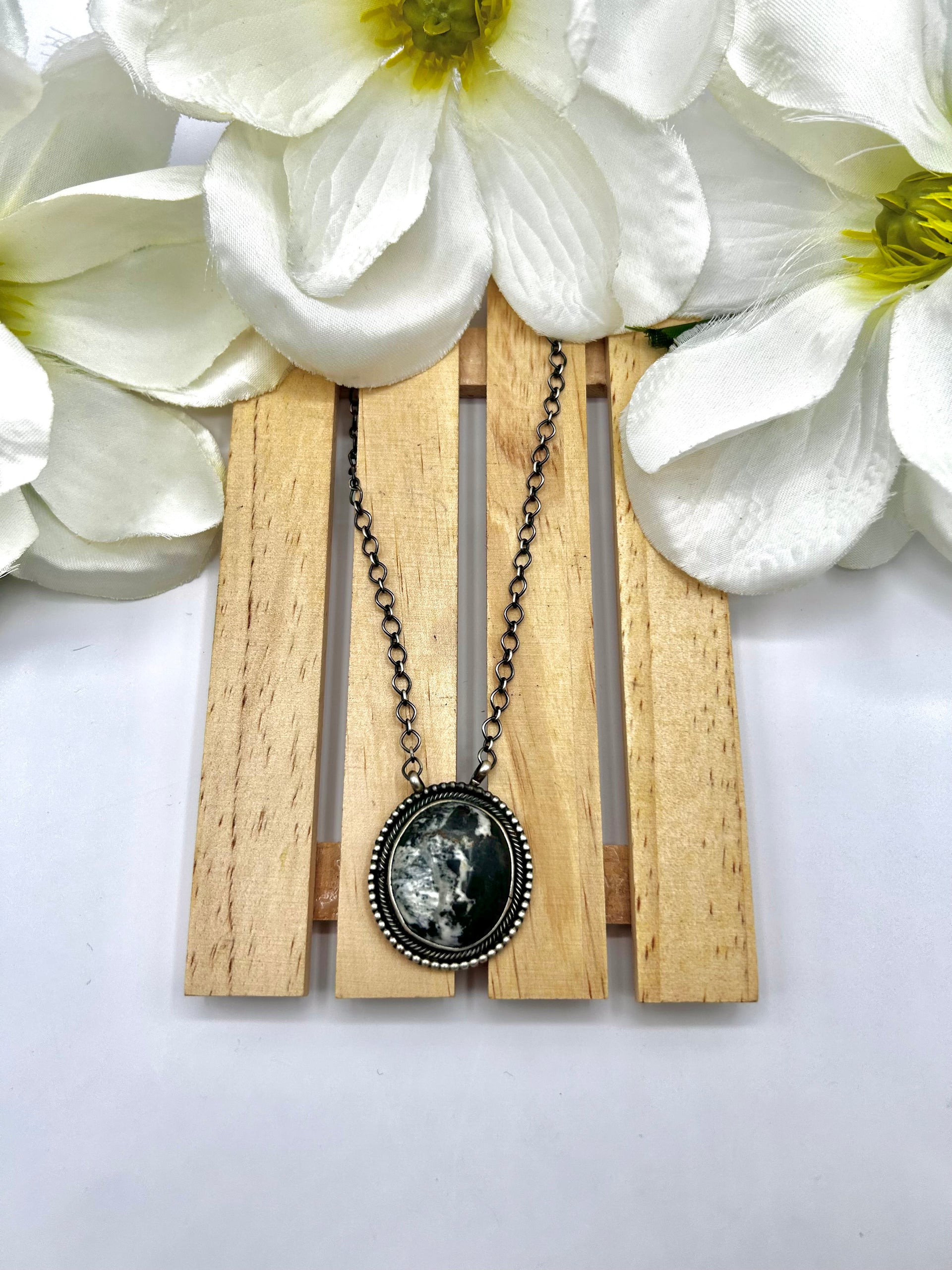 Navajo Made White Buffalo & Sterling Silver Necklace