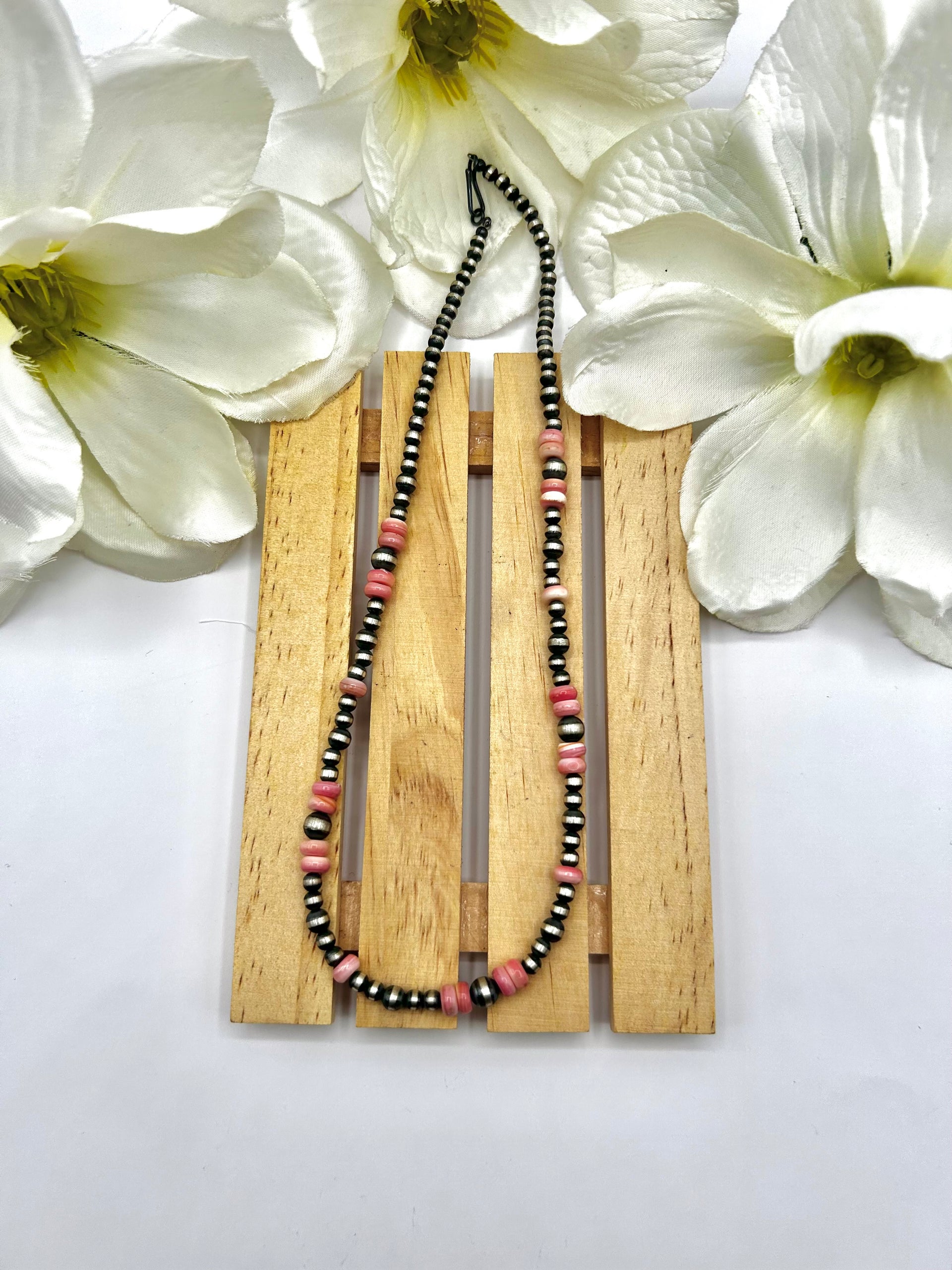 Navajo Made Strung Pink Conch & Sterling Silver Necklace