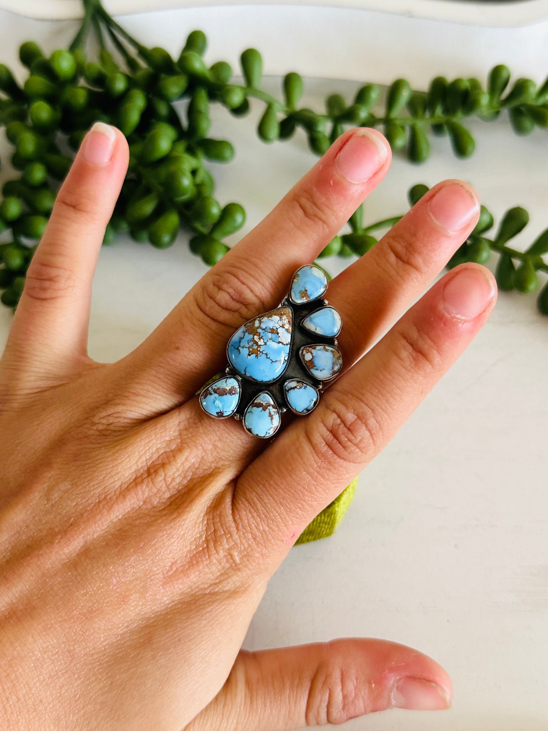 Southwest Handmade Golden Hills Turquoise & Sterling Silver Adjustable Cluster Ring