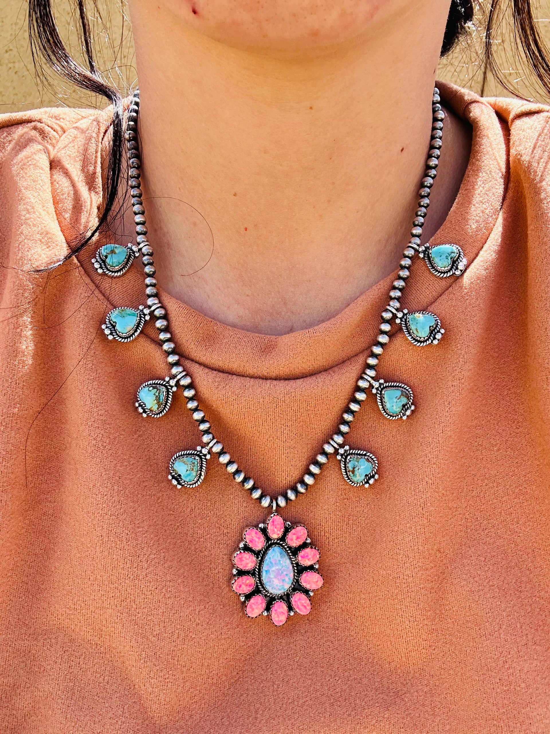 Southwest Handmade Multi Stone & Sterling Silver Cluster Necklace