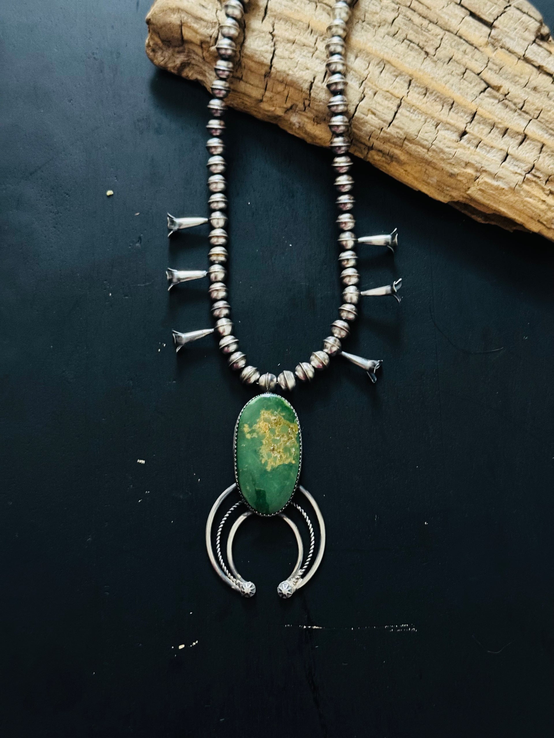 Navajo Made Pilot Mountain Turquoise & Sterling Silver Squash Blossom Necklace