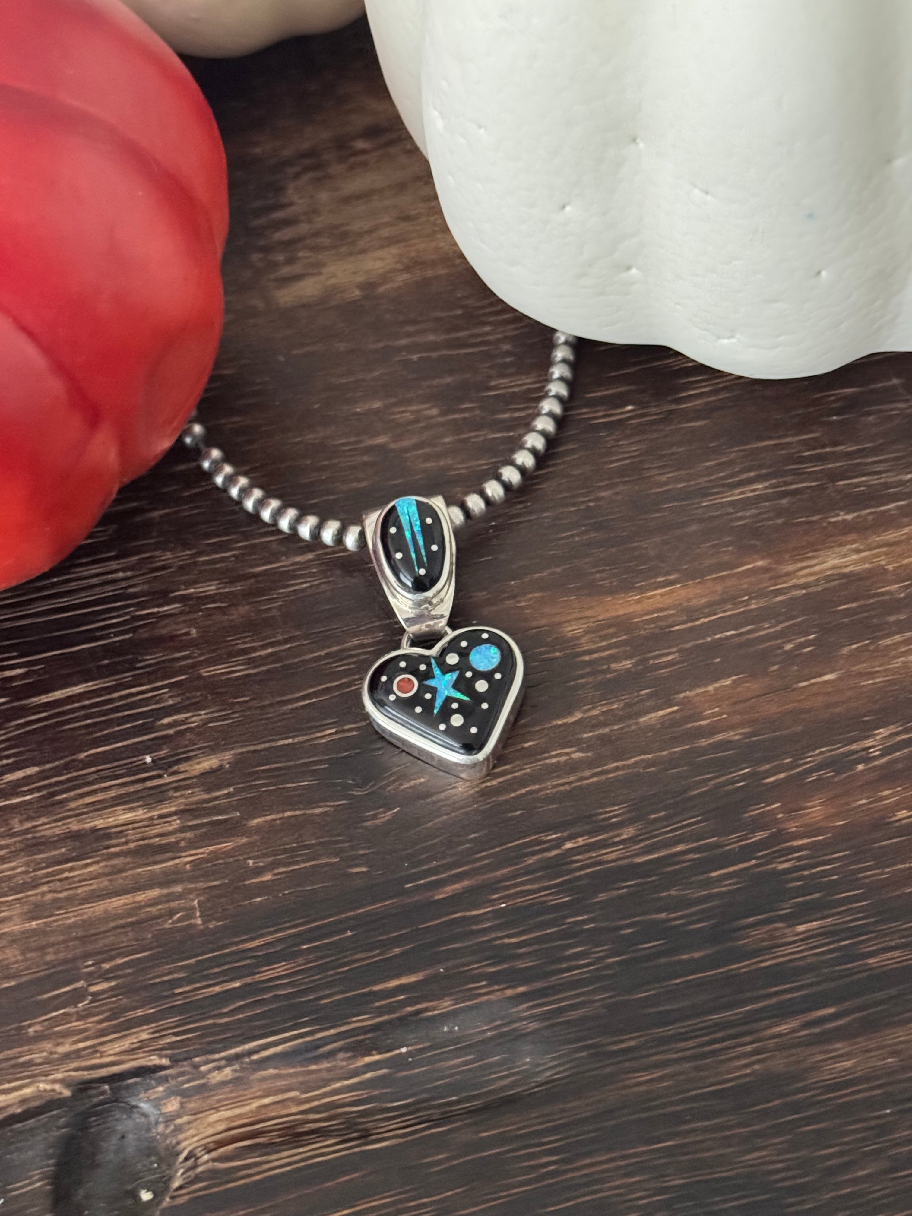 Matthew Jack Multi Stone & Sterling Silver Inlay HeartPendant