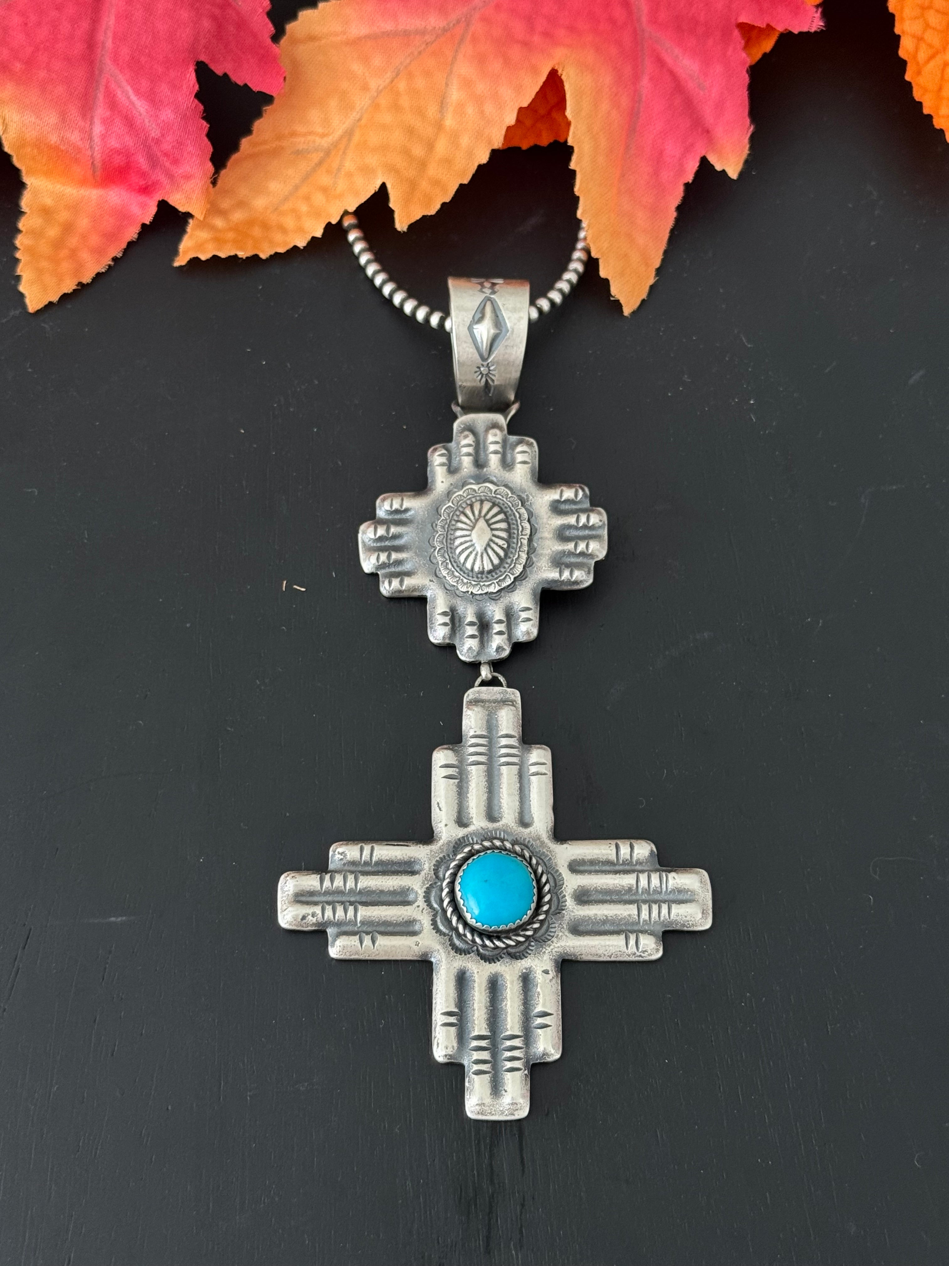 Navajo Made Kingman Turquoise & Sterling Silver Zia Pendant