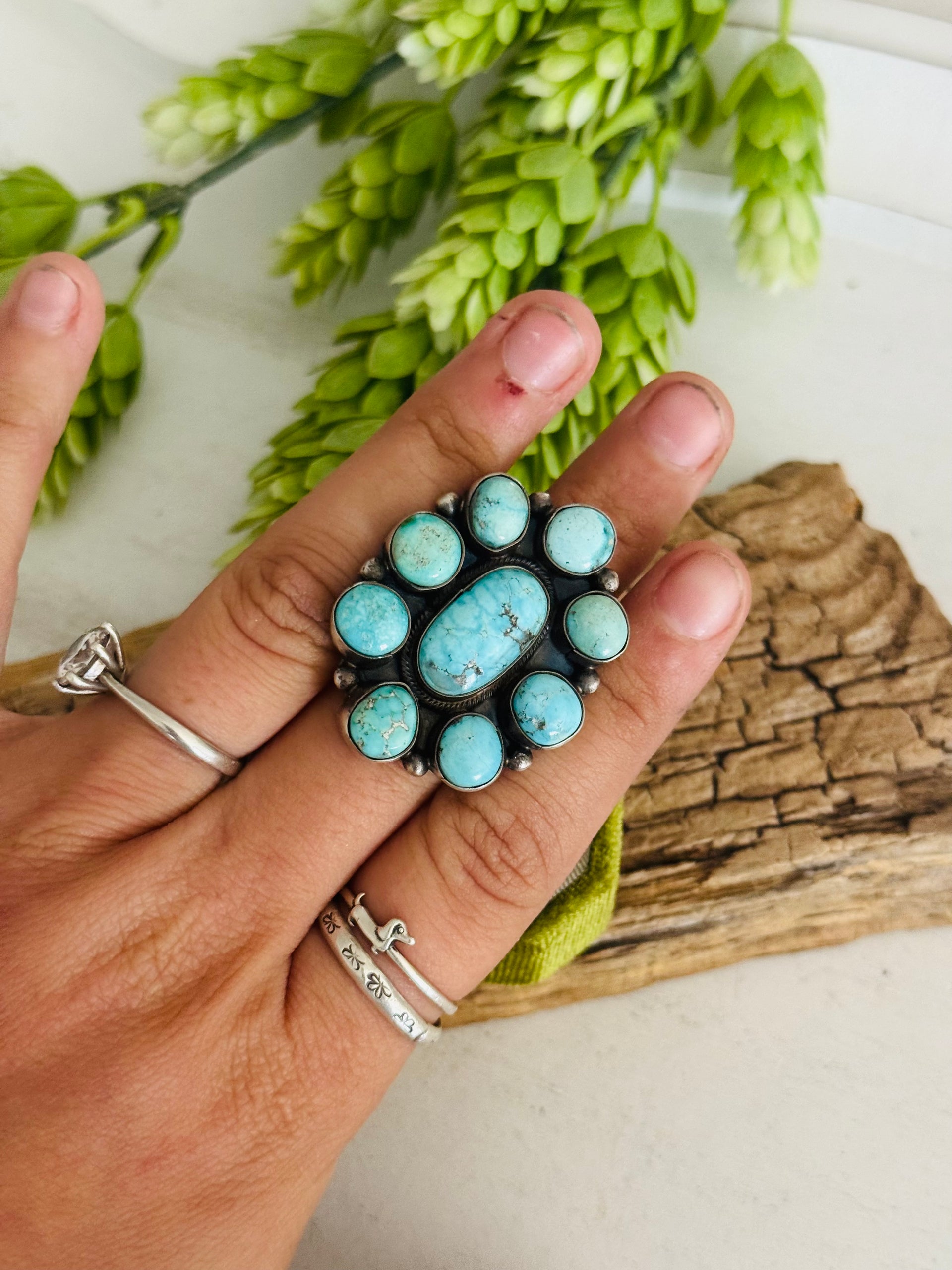 Navajo Made White Water Turquoise & Sterling Silver Cluster Ring Size 8
