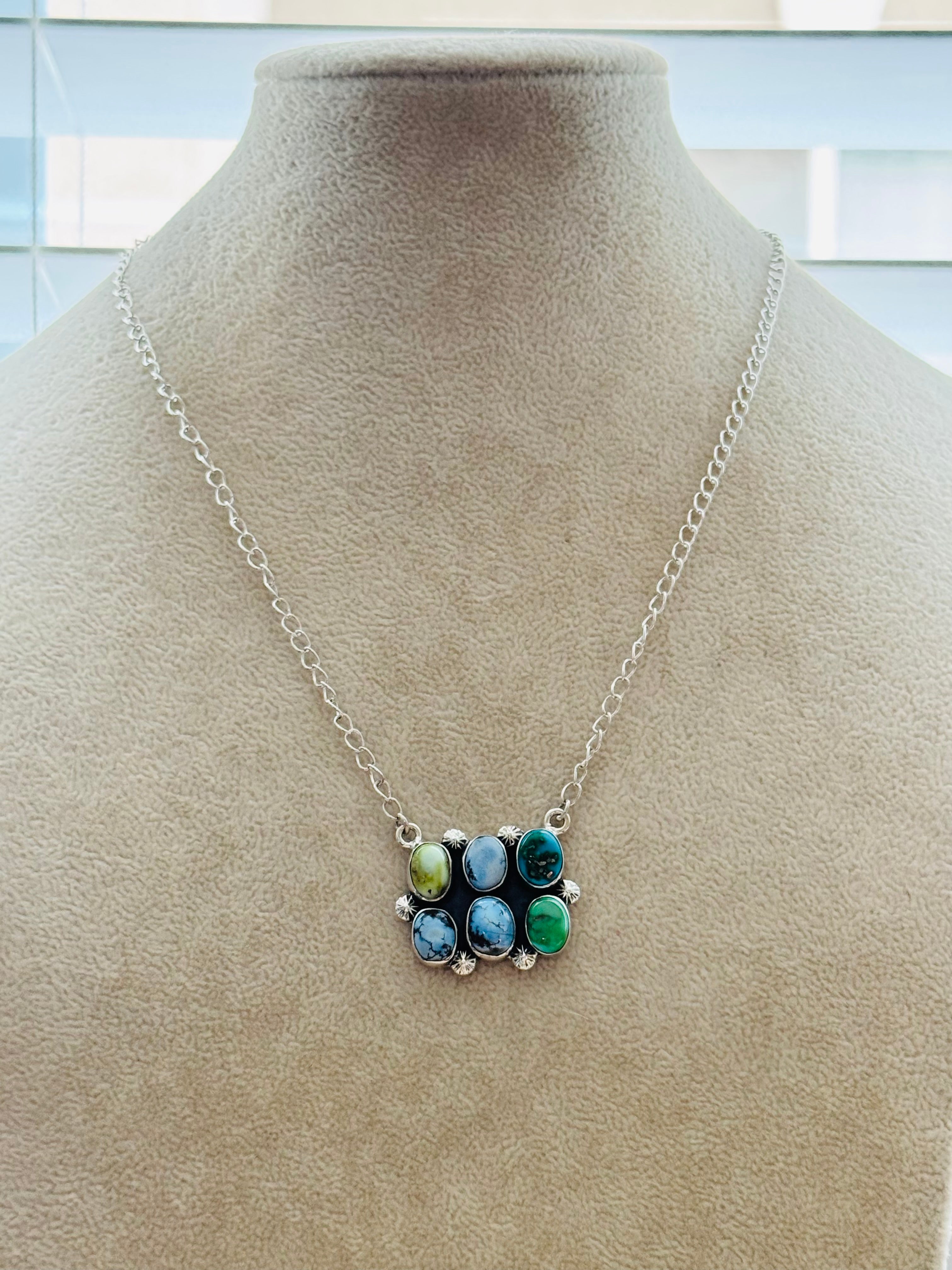 Southwest Handmade Multi Stone & Sterling Silver Cluster Necklace