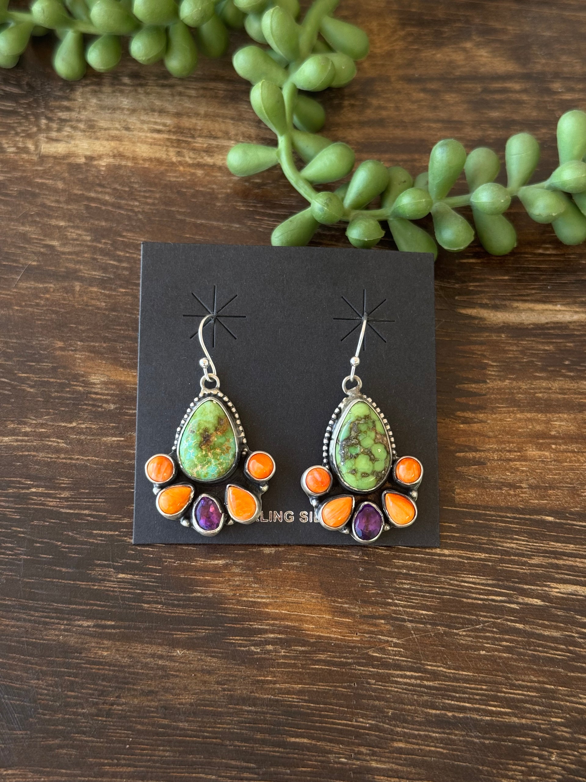 Rena Shelly Multi Stone & Sterling Silver Dangle Cluster Earrings