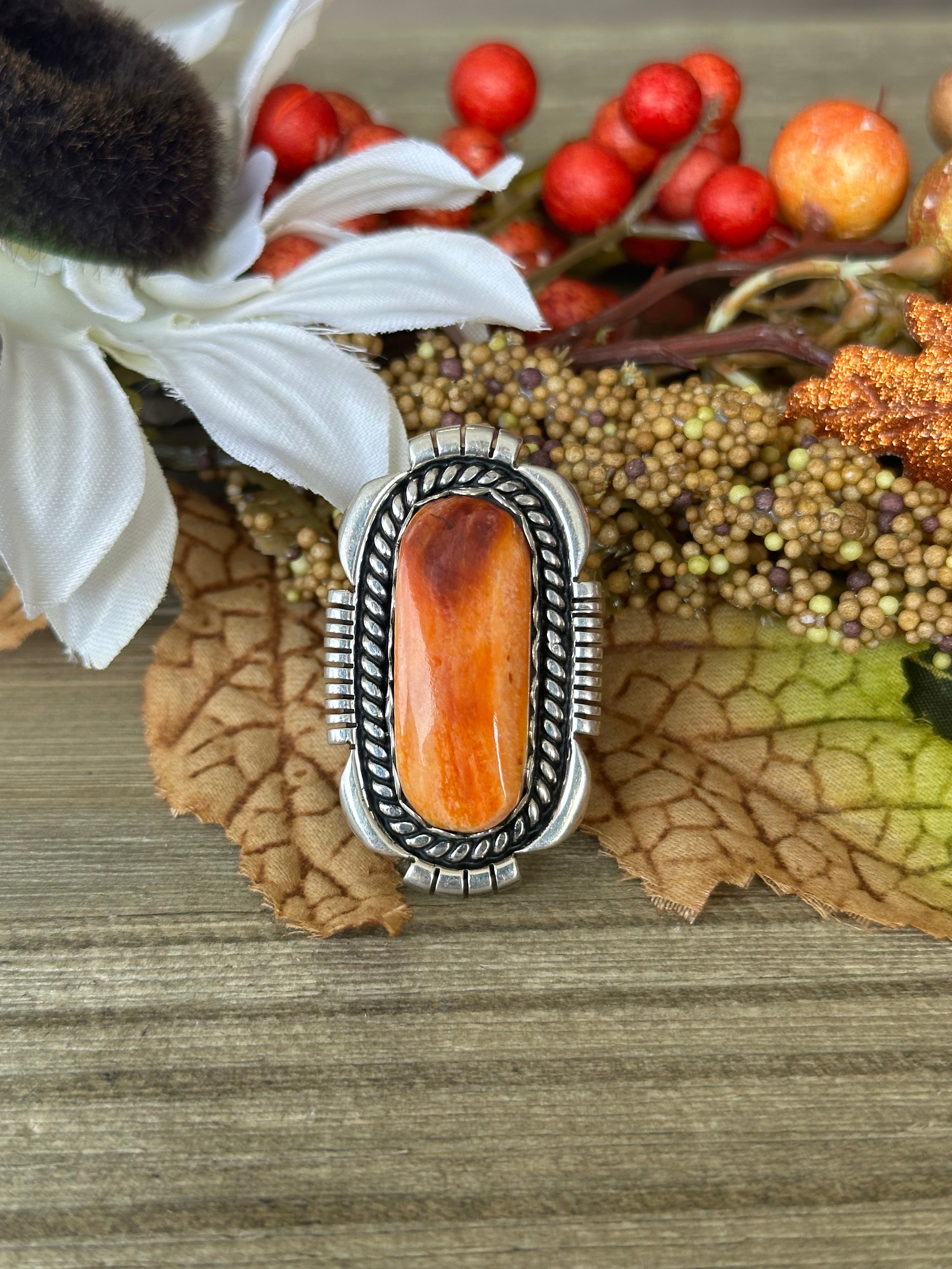 Navajo Handmade Spiny Oyster & Sterling Silver Ring Size 10.75