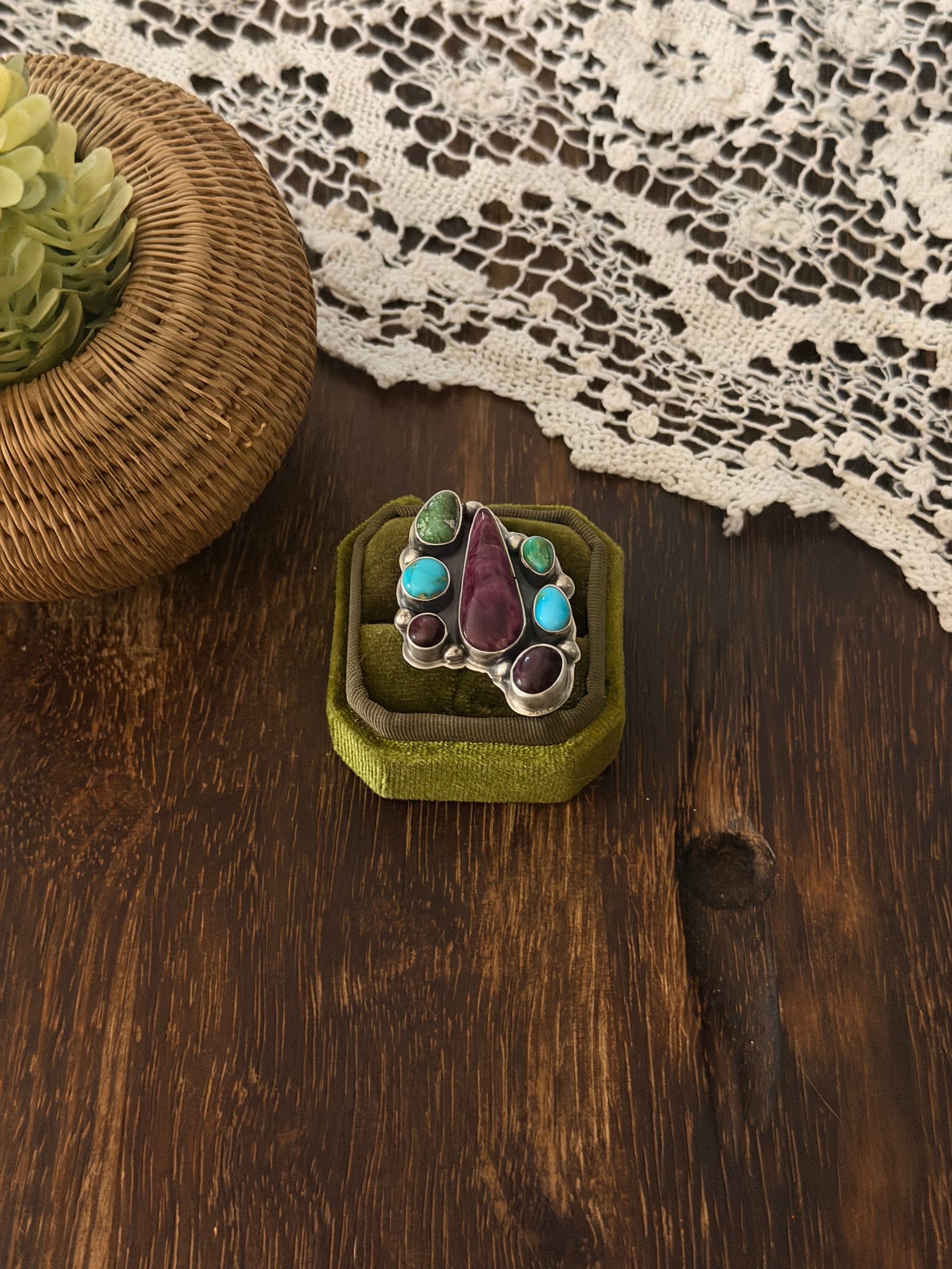 Navajo Made Multi Stone & Sterling Silver Cluster Ring Size 7