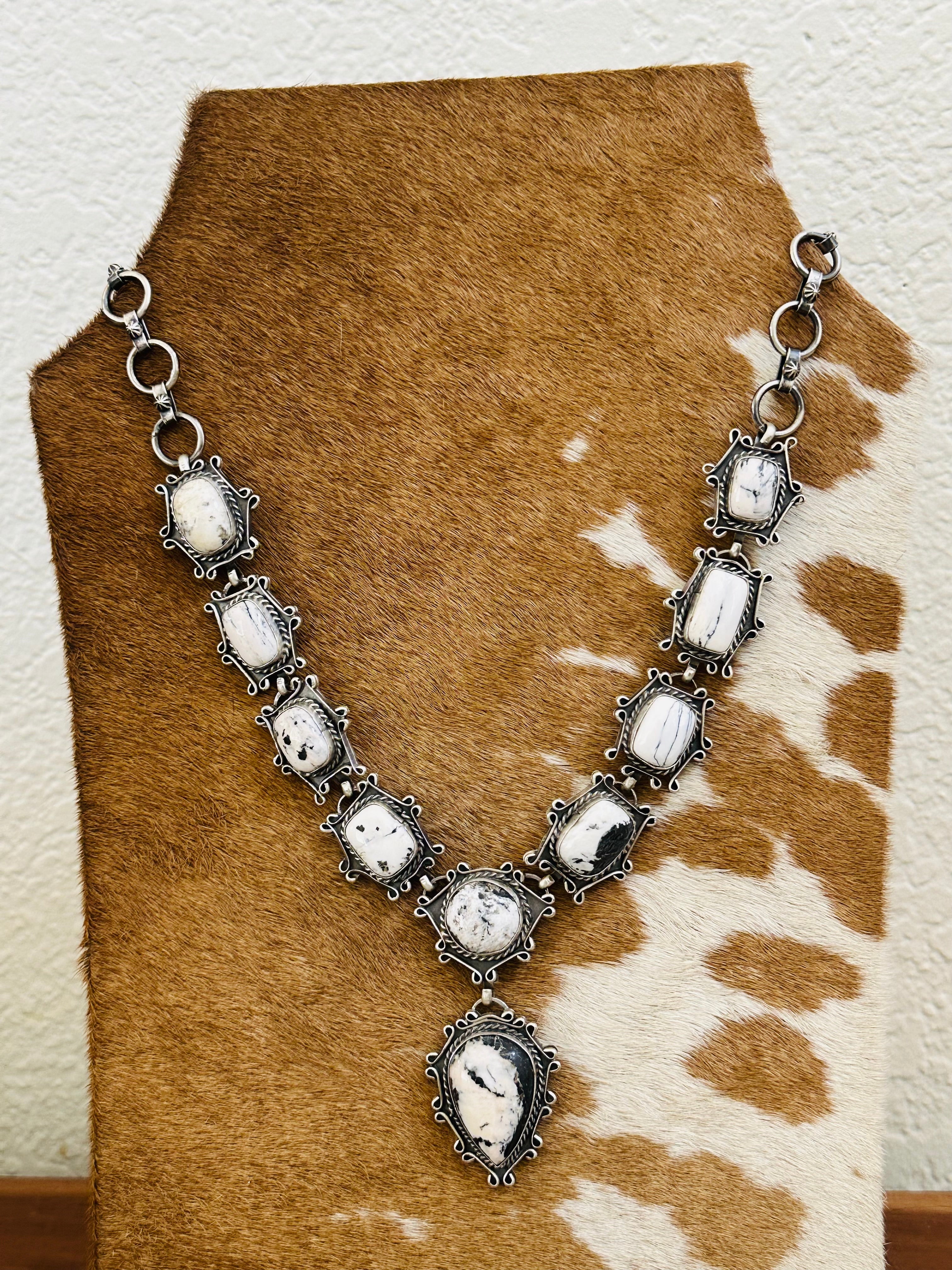 Navajo Made White Buffalo & Sterling Silver Lariat Necklace