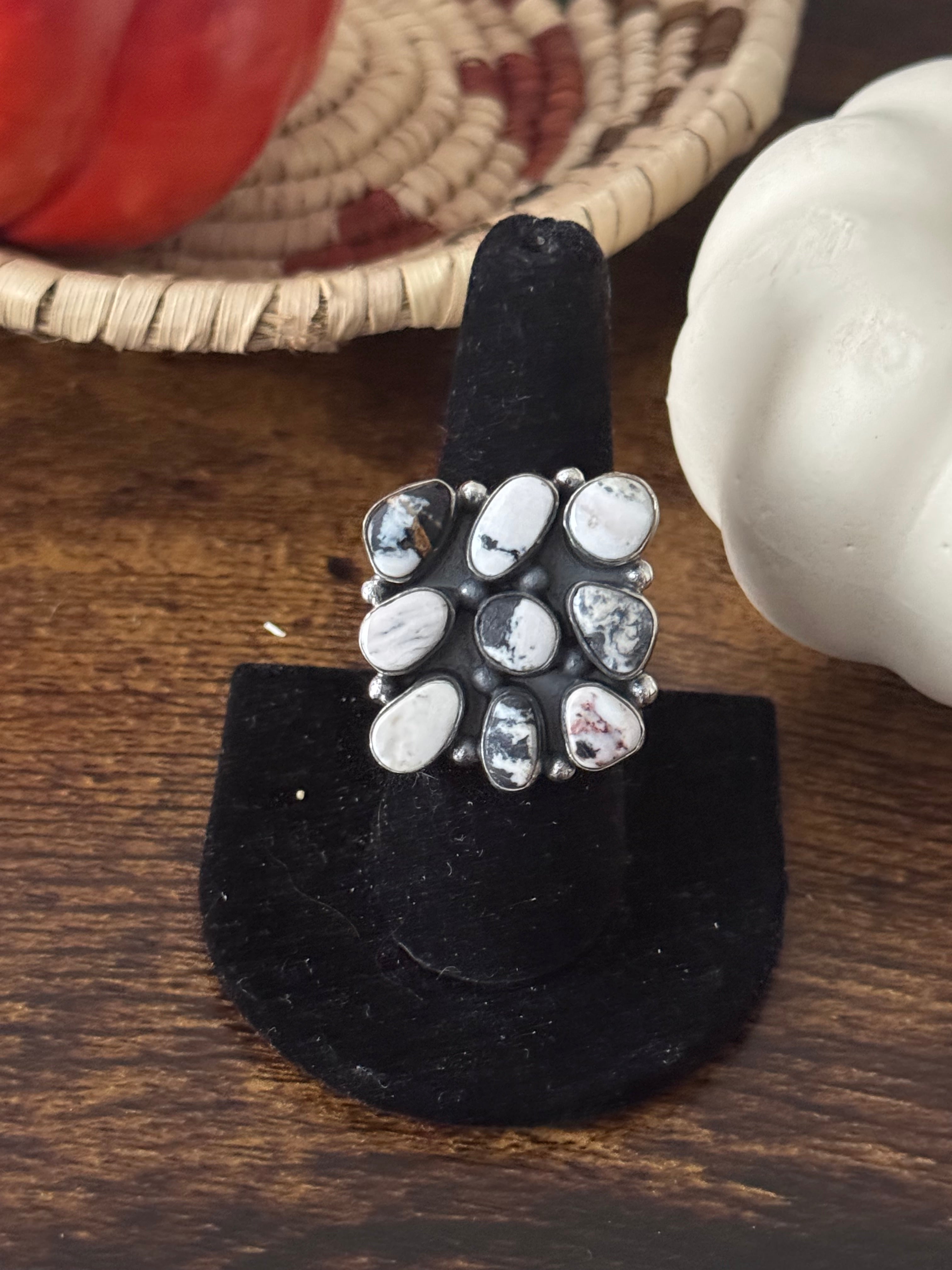 Southwest Handmade White Buffalo & Sterling Silver Adjustable Cluster Ring