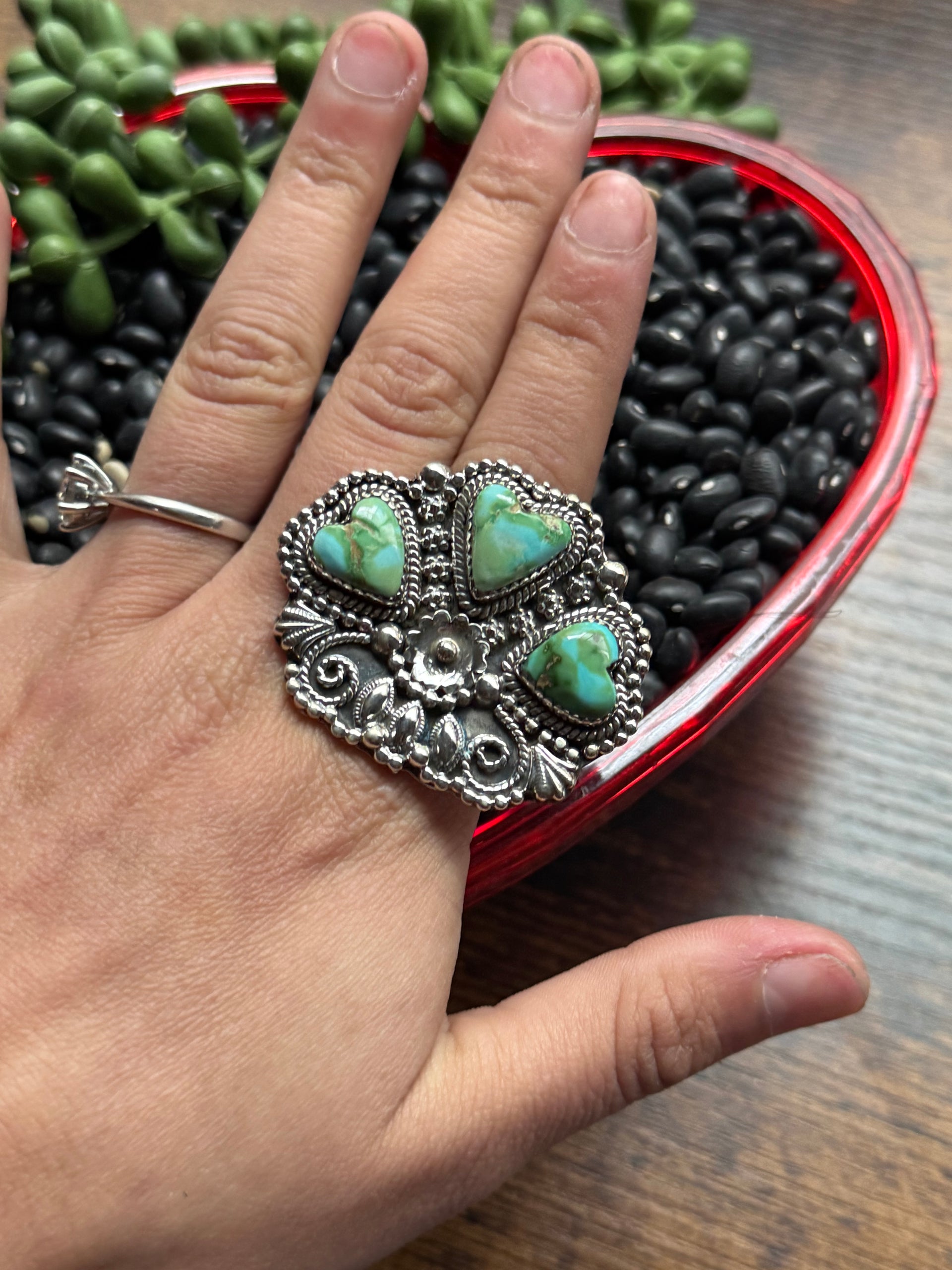 Southwest Handmade Sonoran Mountain Turquoise & Sterling Silver Adjustable Cluster Triple Heart Ring