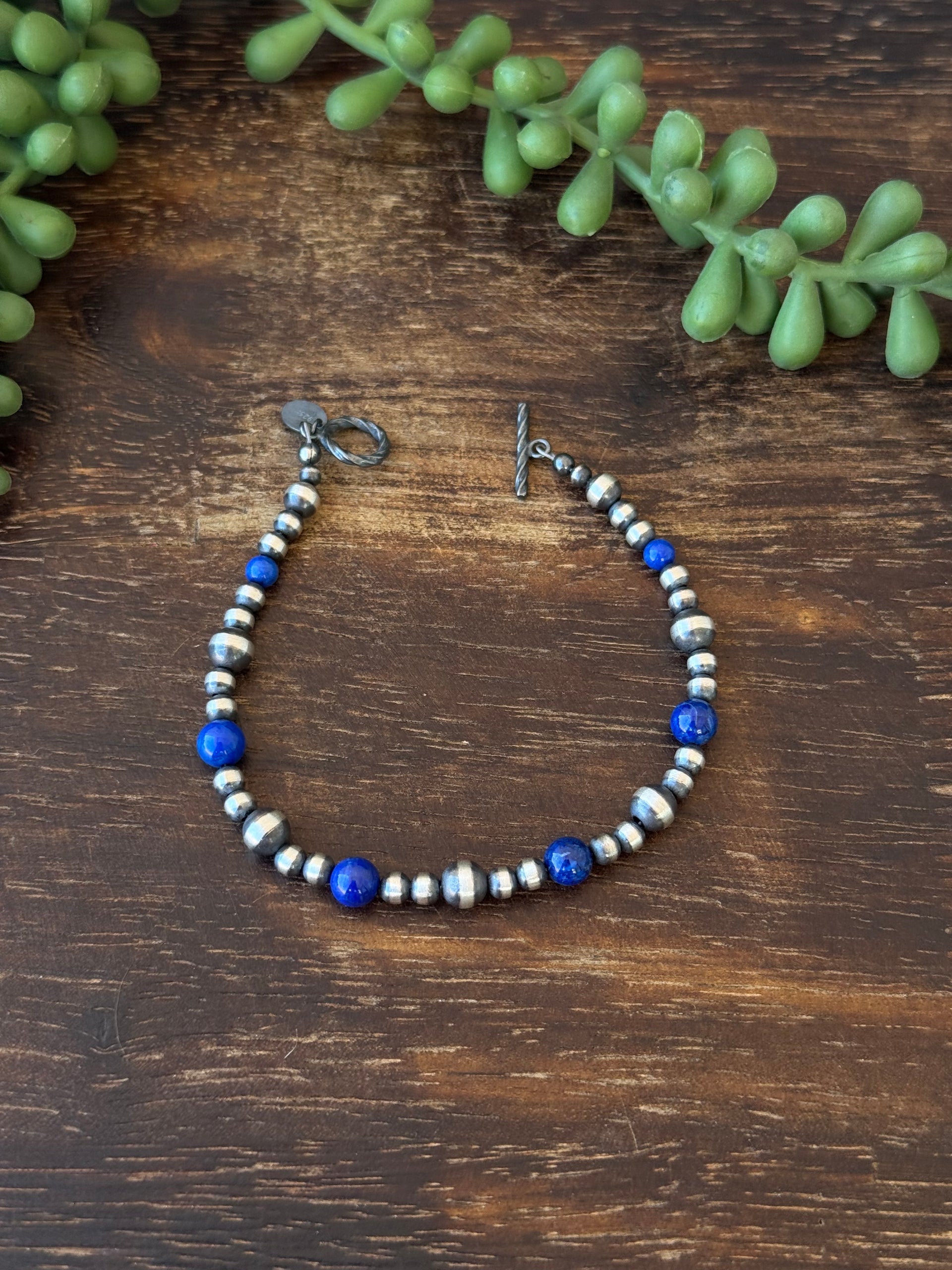 Navajo Made Lapis & Sterling Silver Pearl Bracelet