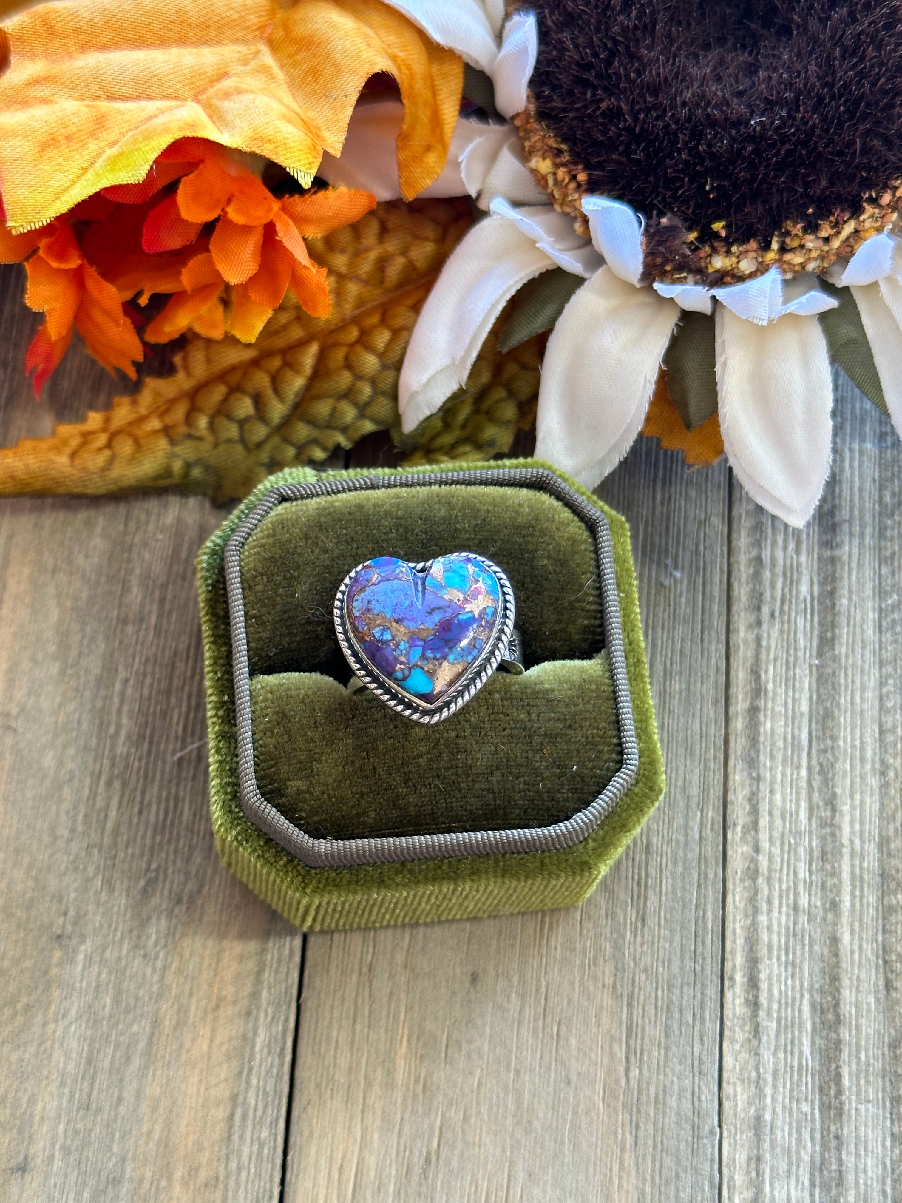 Southwest Handmade Mohave Turquoise & Sterling Silver Adjustable Heart Ring