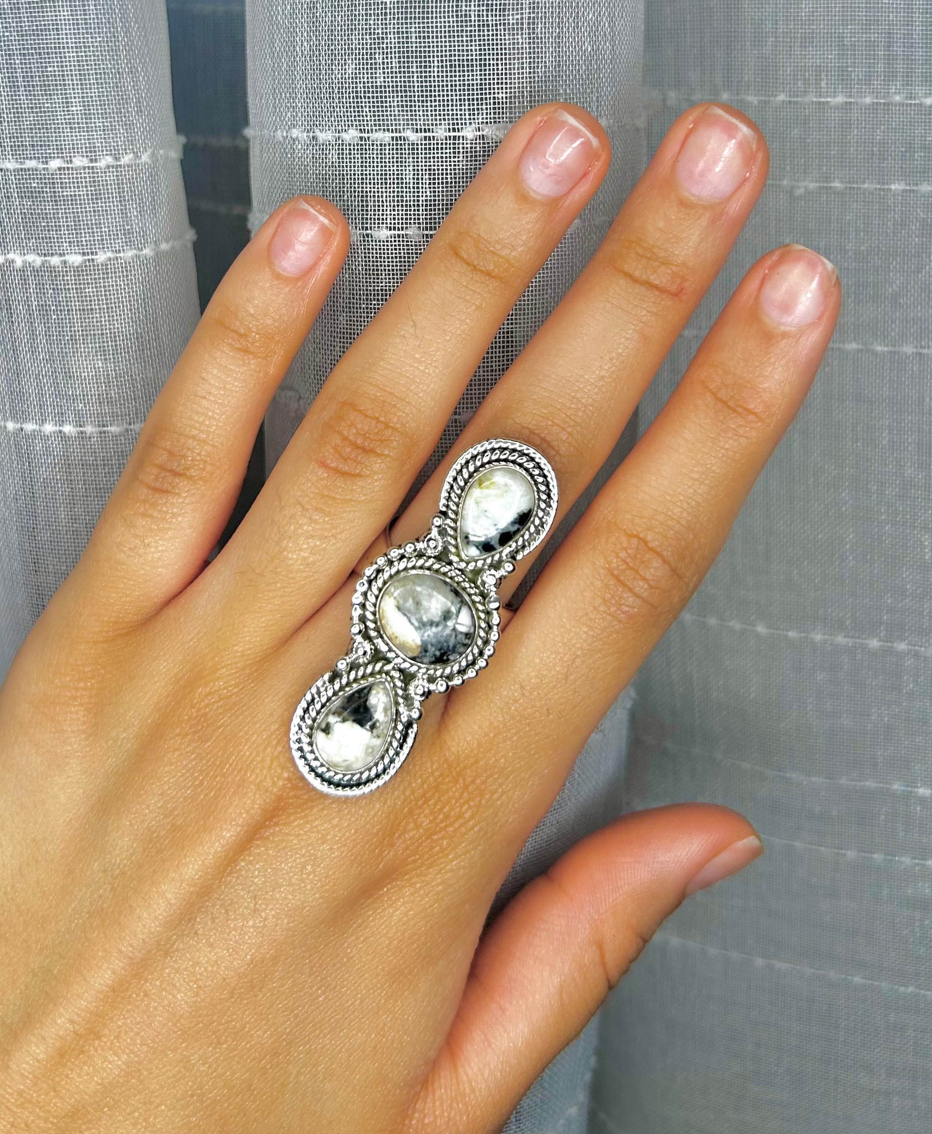 Southwest White Buffalo & Sterling Sliver Cluster Ring