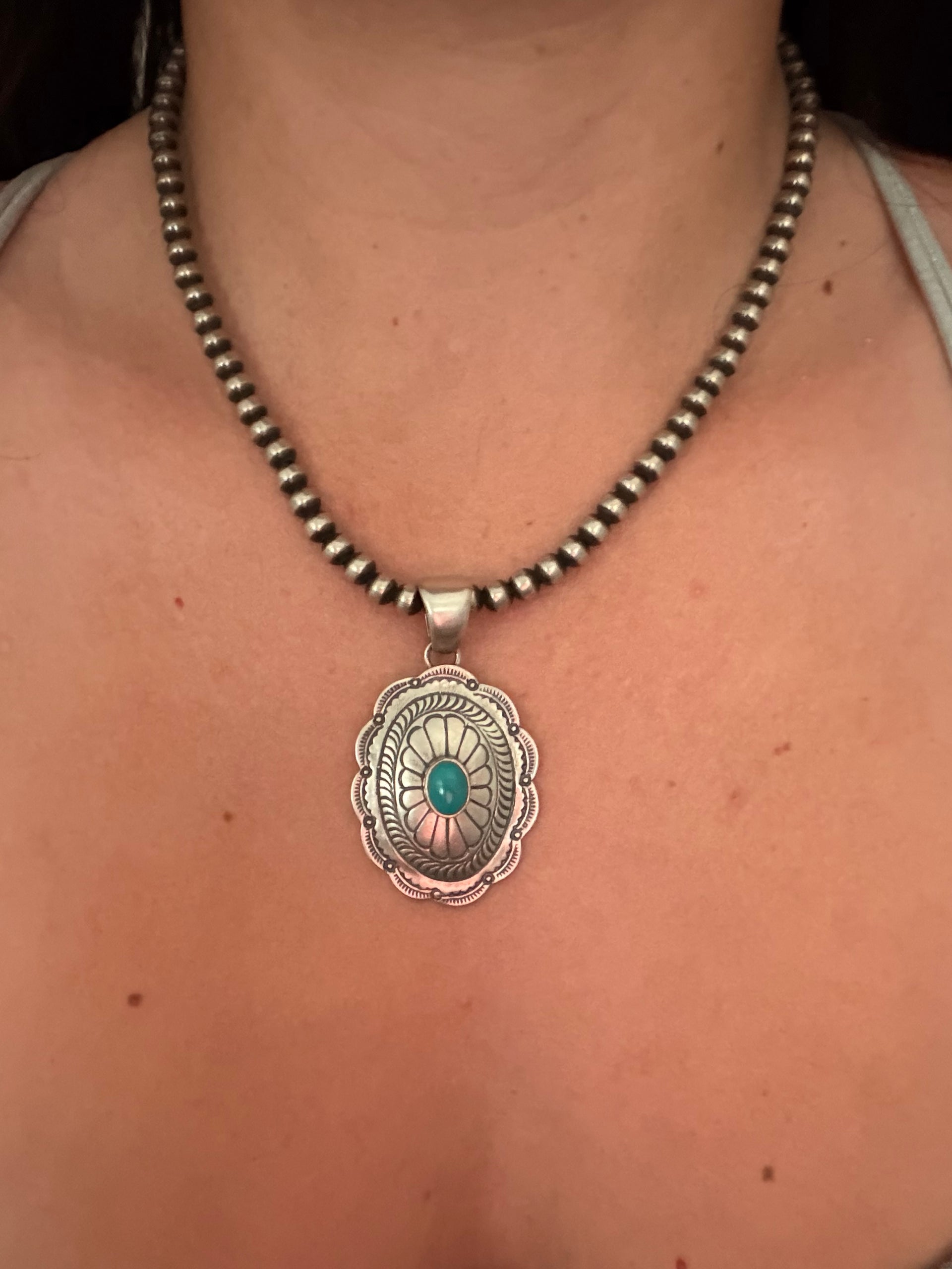 Navajo Made Kingman Turquoise  & Sterling Silver Concho Pendant