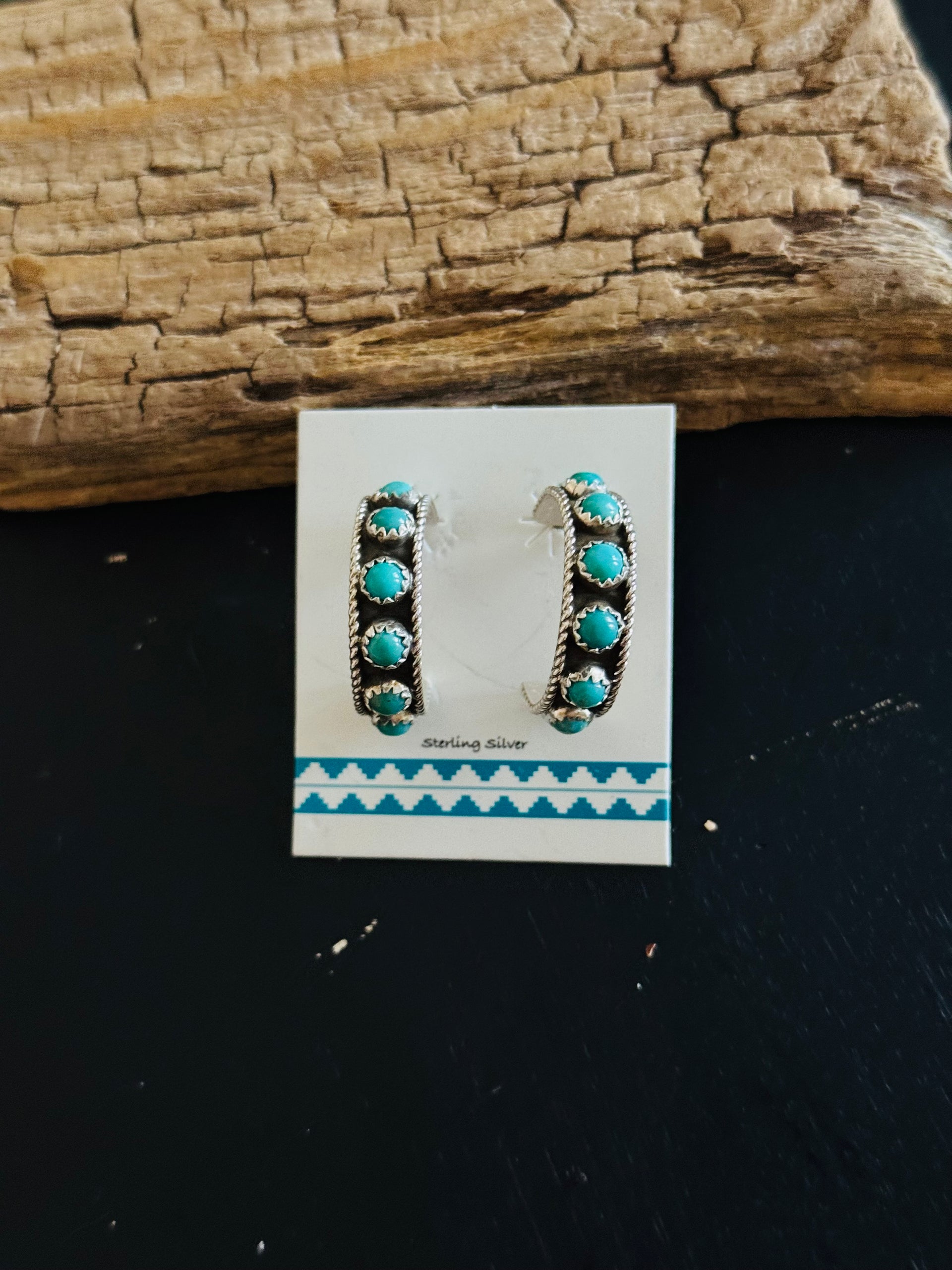 Navajo Made Kingman Turquoise & Sterling Silver Hoop Earrings