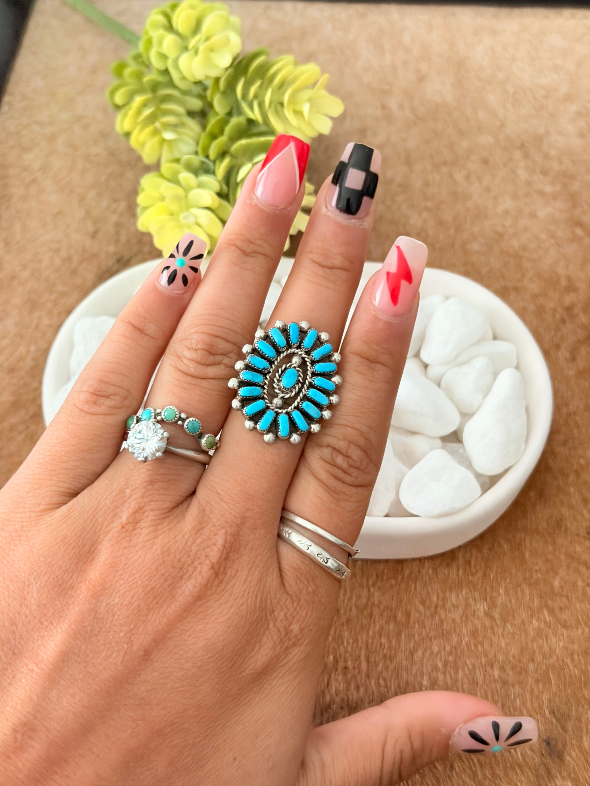 Zuni Made Kingman Turquoise & Sterling Silver Petite Cluster Ring Size 7.5