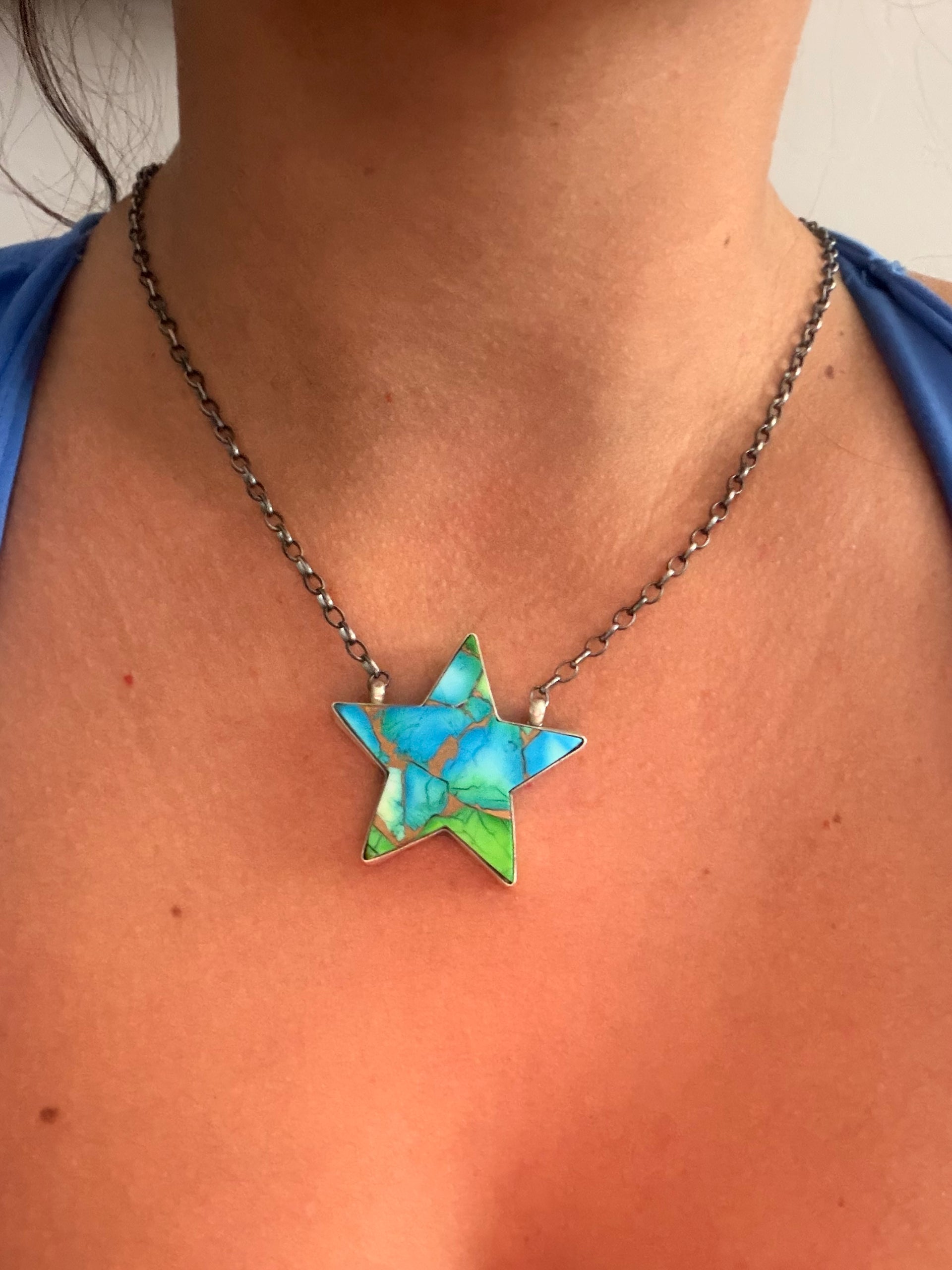 Johnny Dixon Peacock Dahlia Composite & Sterling Silver Star Necklace