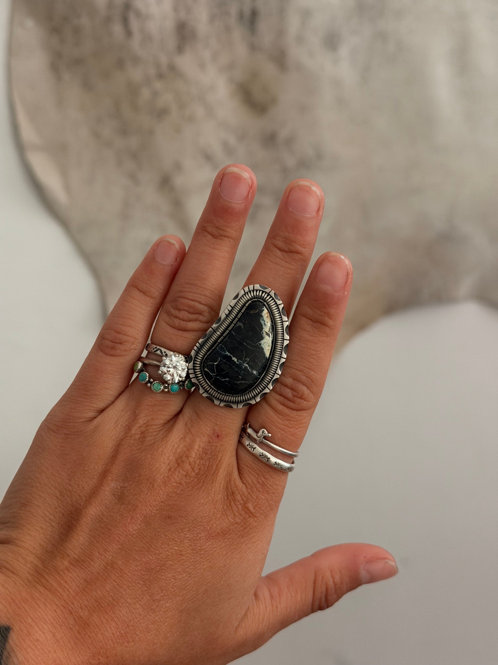 Walker Vandever Black Jack Turquoise & Sterling Silver Ring Size 8.75